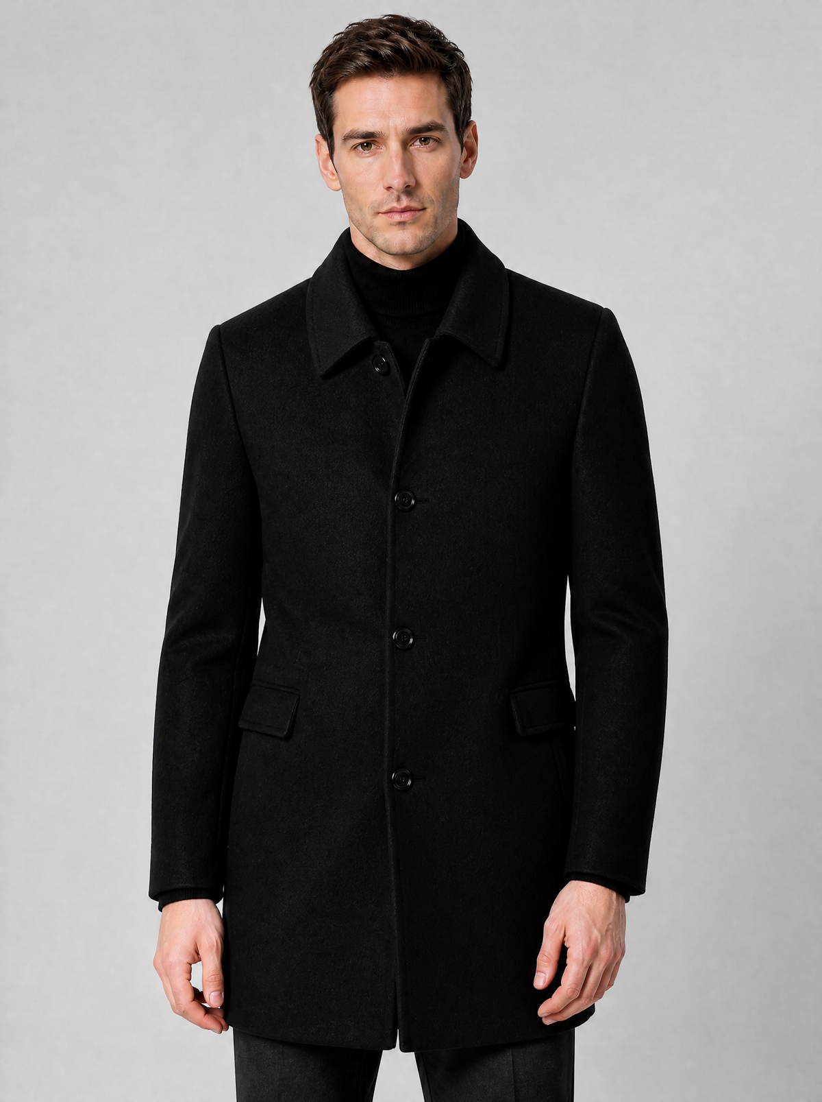 Men's Wool Blend Regular Single-Breasted Overcoat - Black colour view