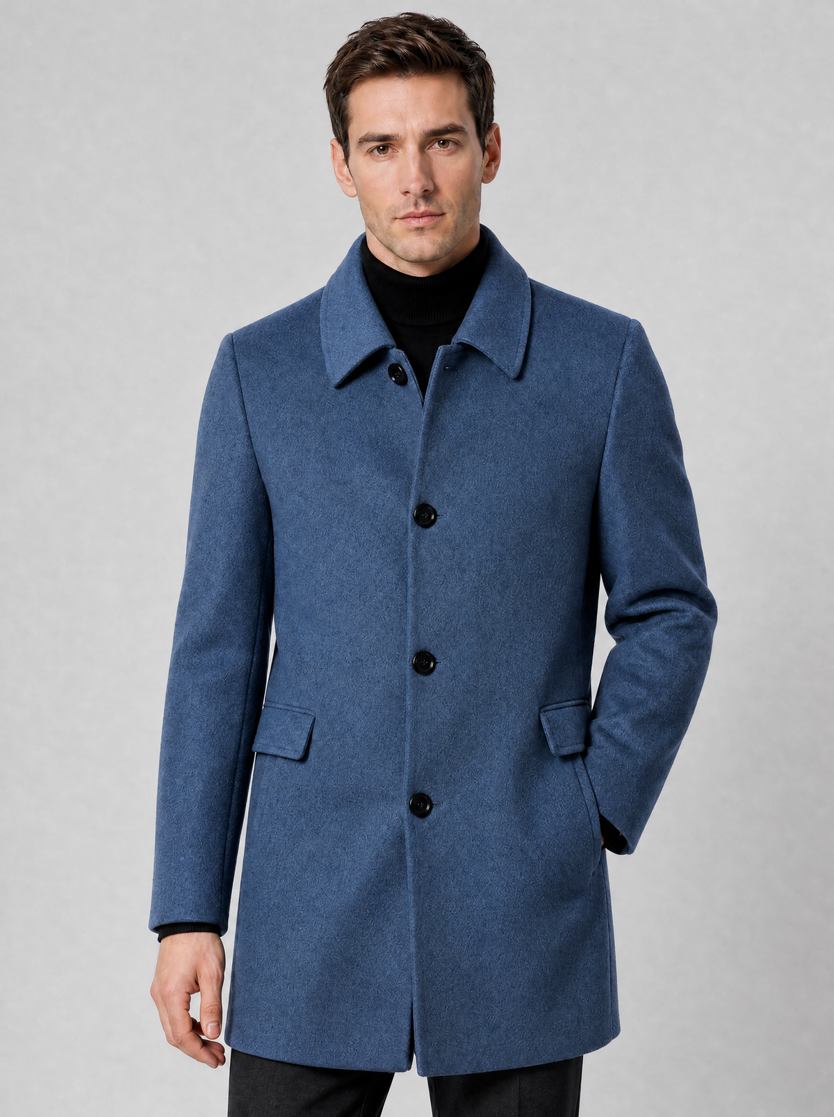 Men's Wool Blend Regular Single-Breasted Overcoat - Blue colour view