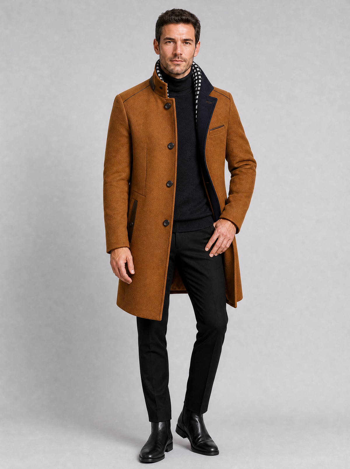 Men's Wool Blend Tailored Contrast Stand Collar Overcoat