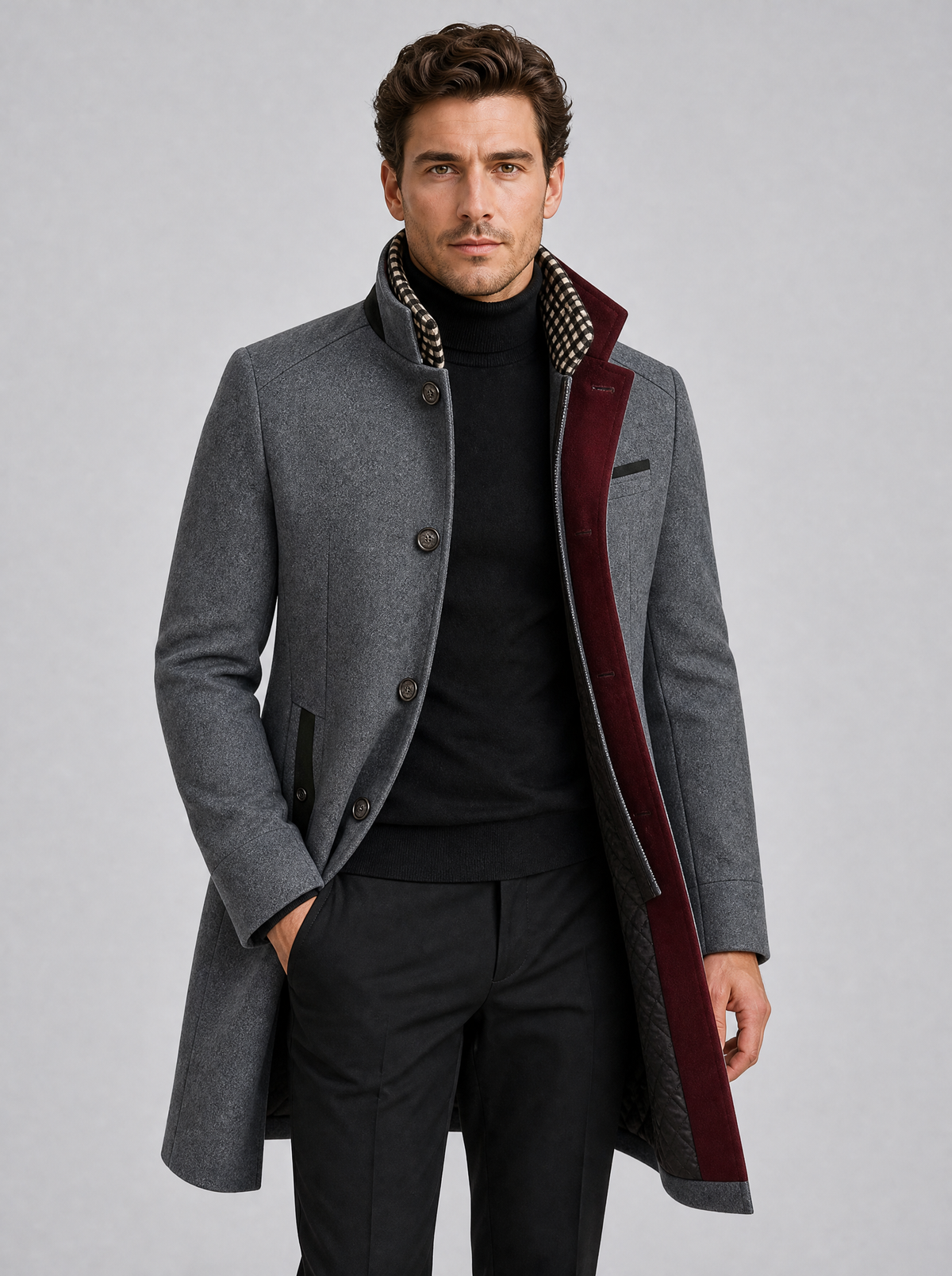 Men's Wool Blend Tailored Contrast Stand Collar Overcoat