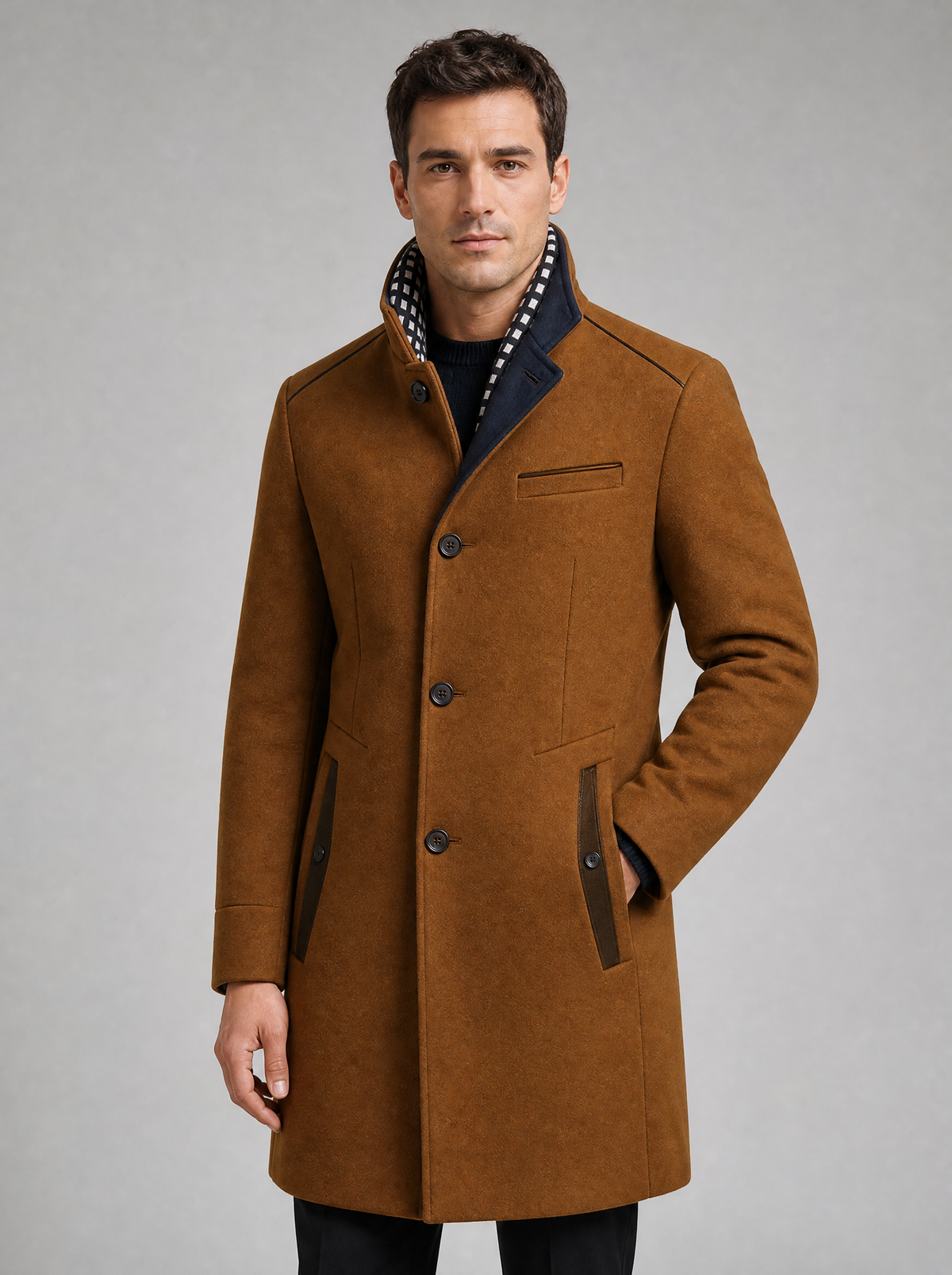 Men's Wool Blend Tailored Contrast Stand Collar Overcoat