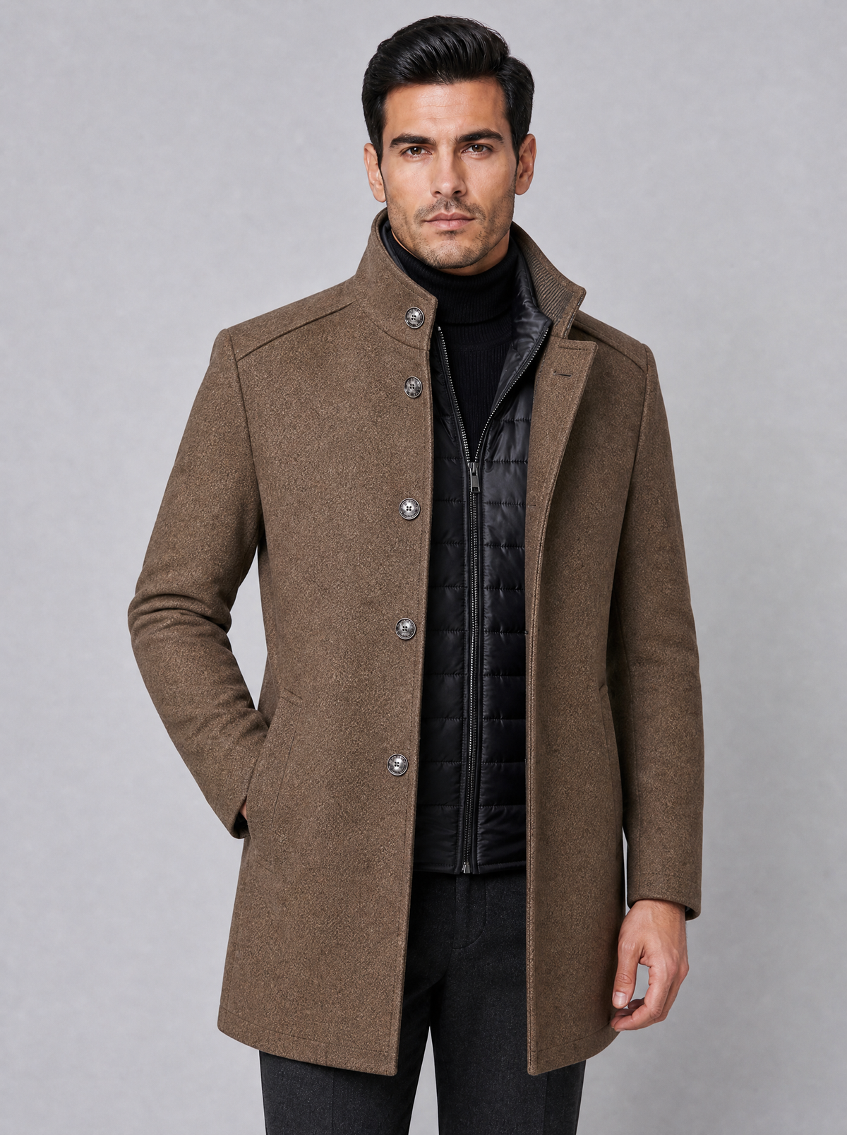 Men's Wool Blend Tailored Padded Inset Stand Collar Overcoat - Khaki colour view