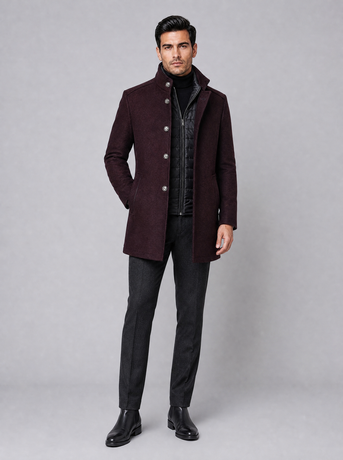 Men's Wool Blend Tailored Padded Inset Stand Collar Overcoat - product view 1