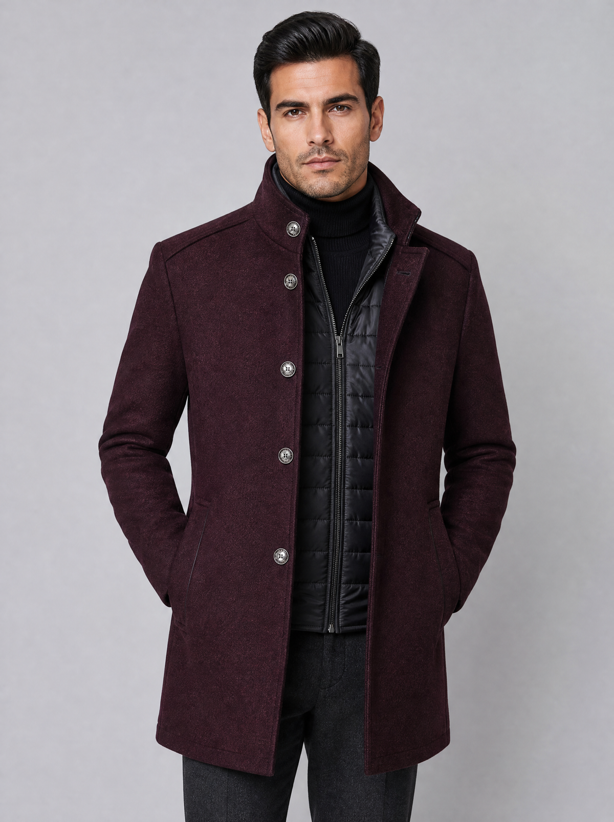 Men's Wool Blend Tailored Padded Inset Stand Collar Overcoat - Burgundy colour view