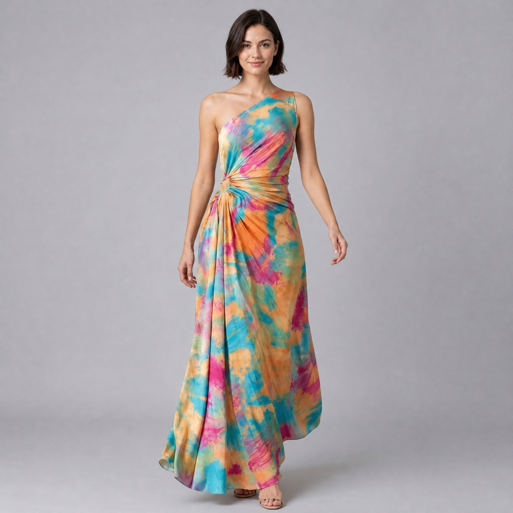 Women’s Abstract-Print One-Shoulder Draped Maxi Dress