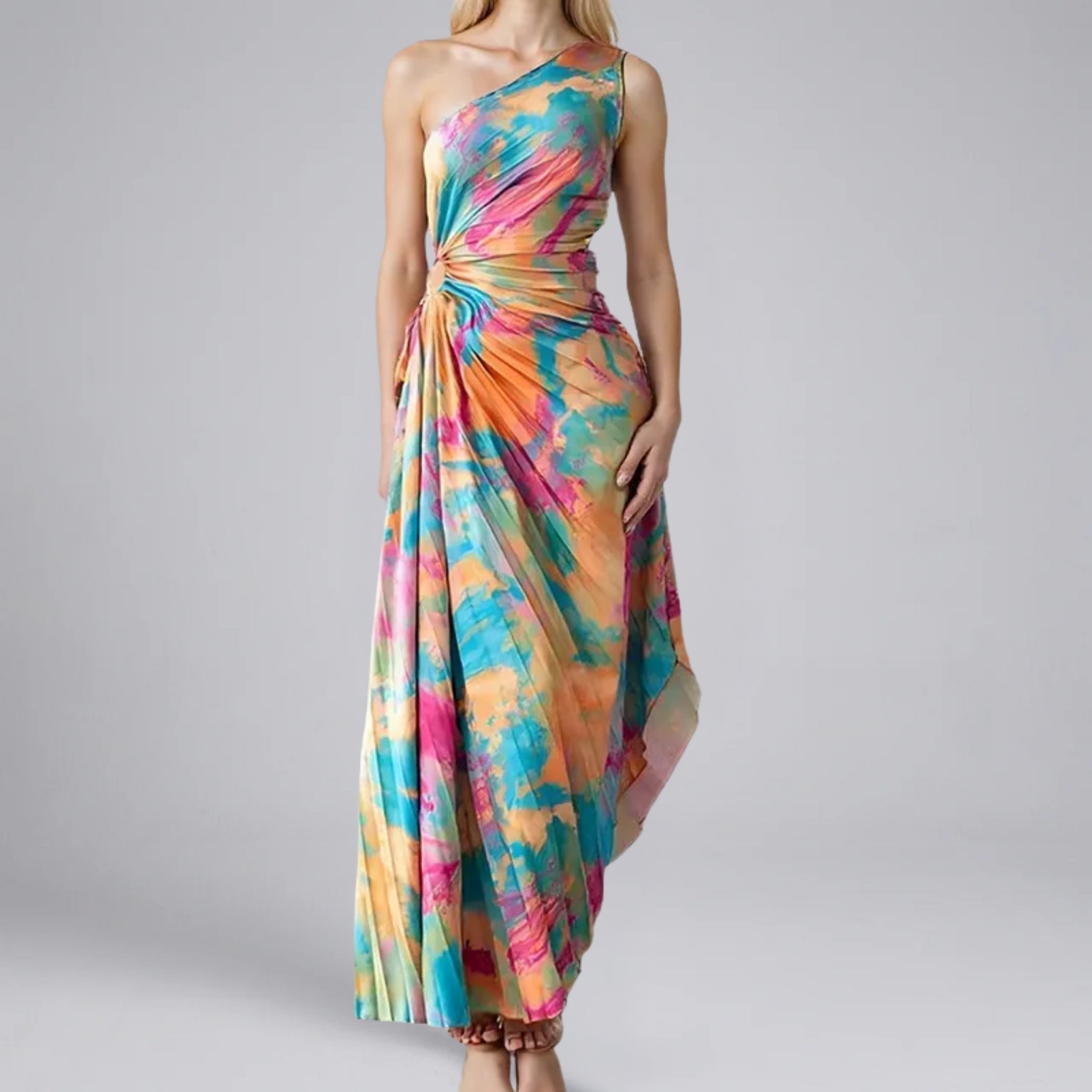 Women’s Abstract-Print One-Shoulder Draped Maxi Dress