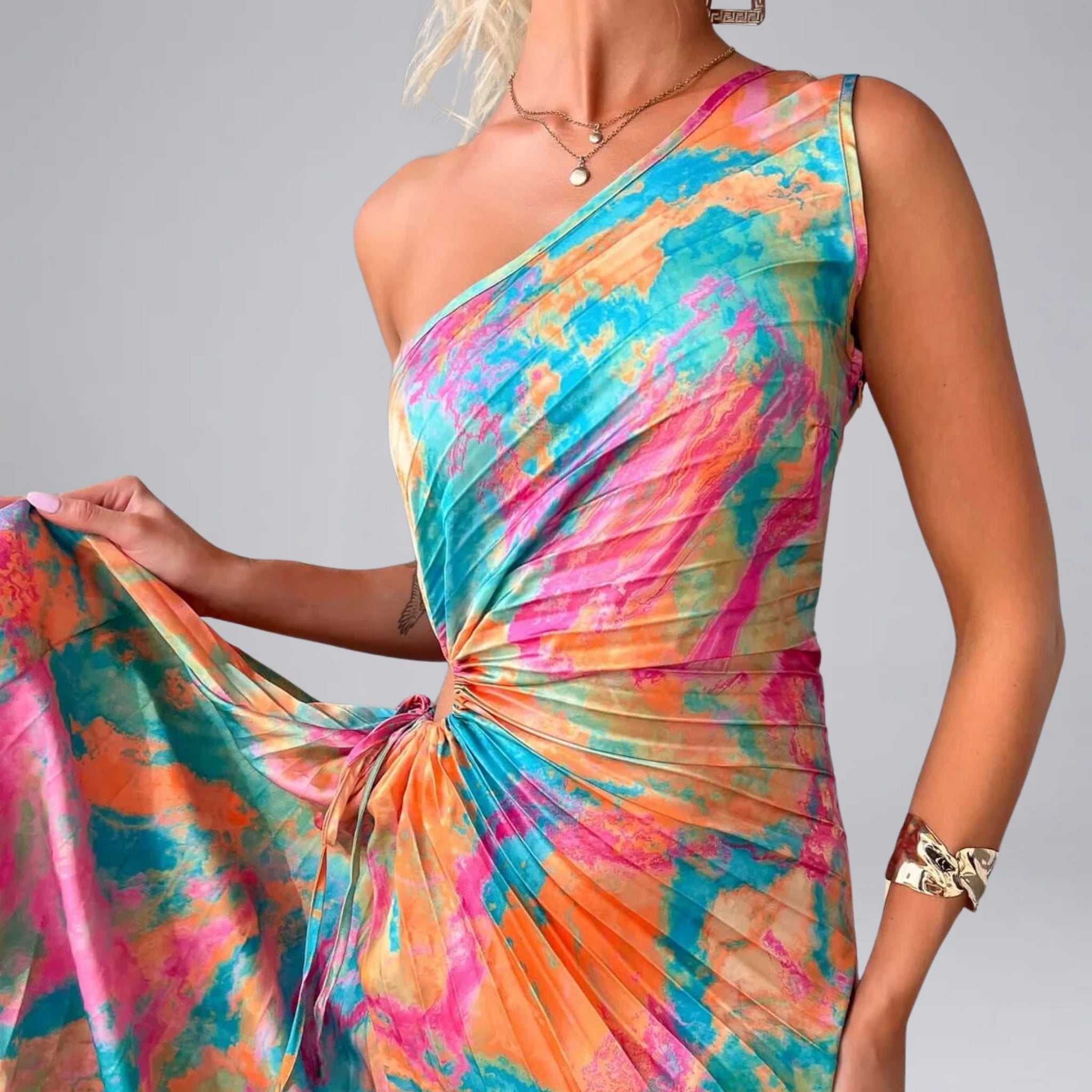Women’s Abstract-Print One-Shoulder Draped Maxi Dress
