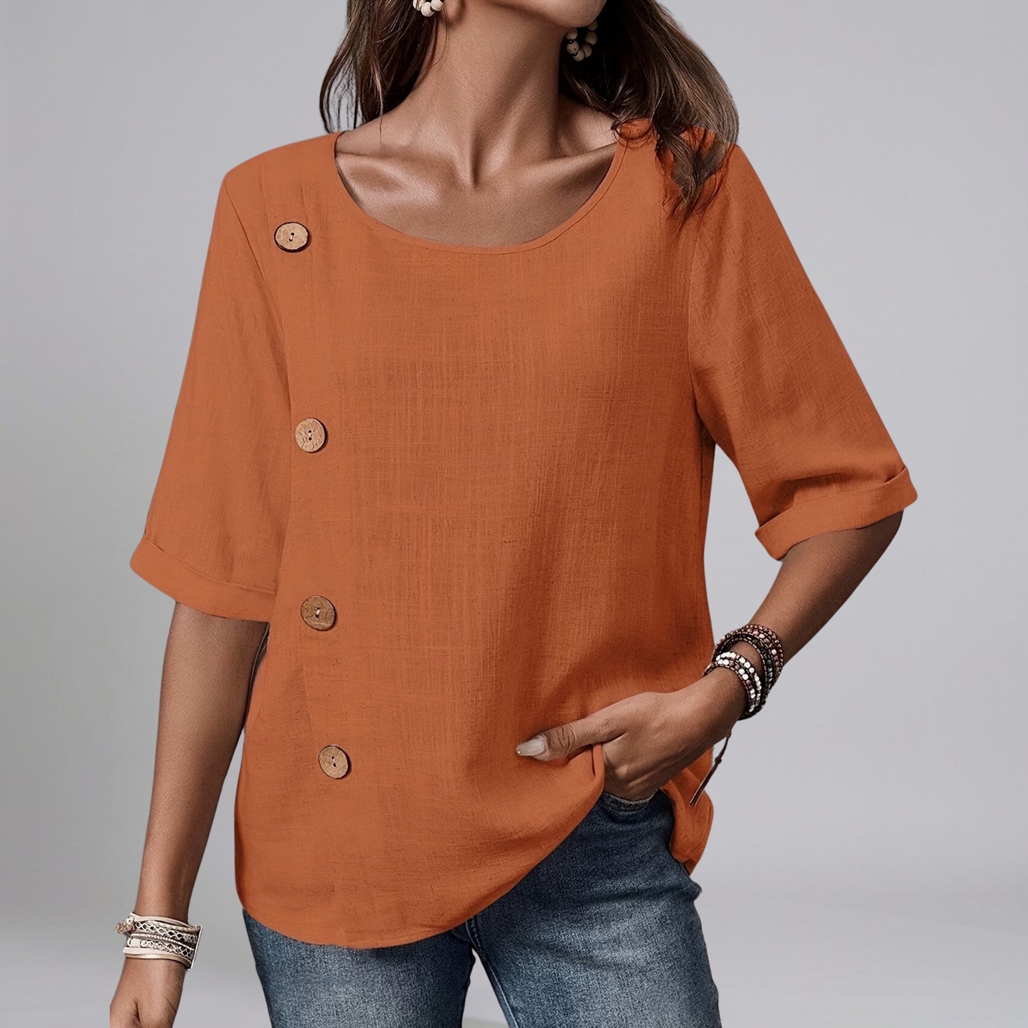 Women’s Asymmetric Button-Detail Textured Linen Blouse