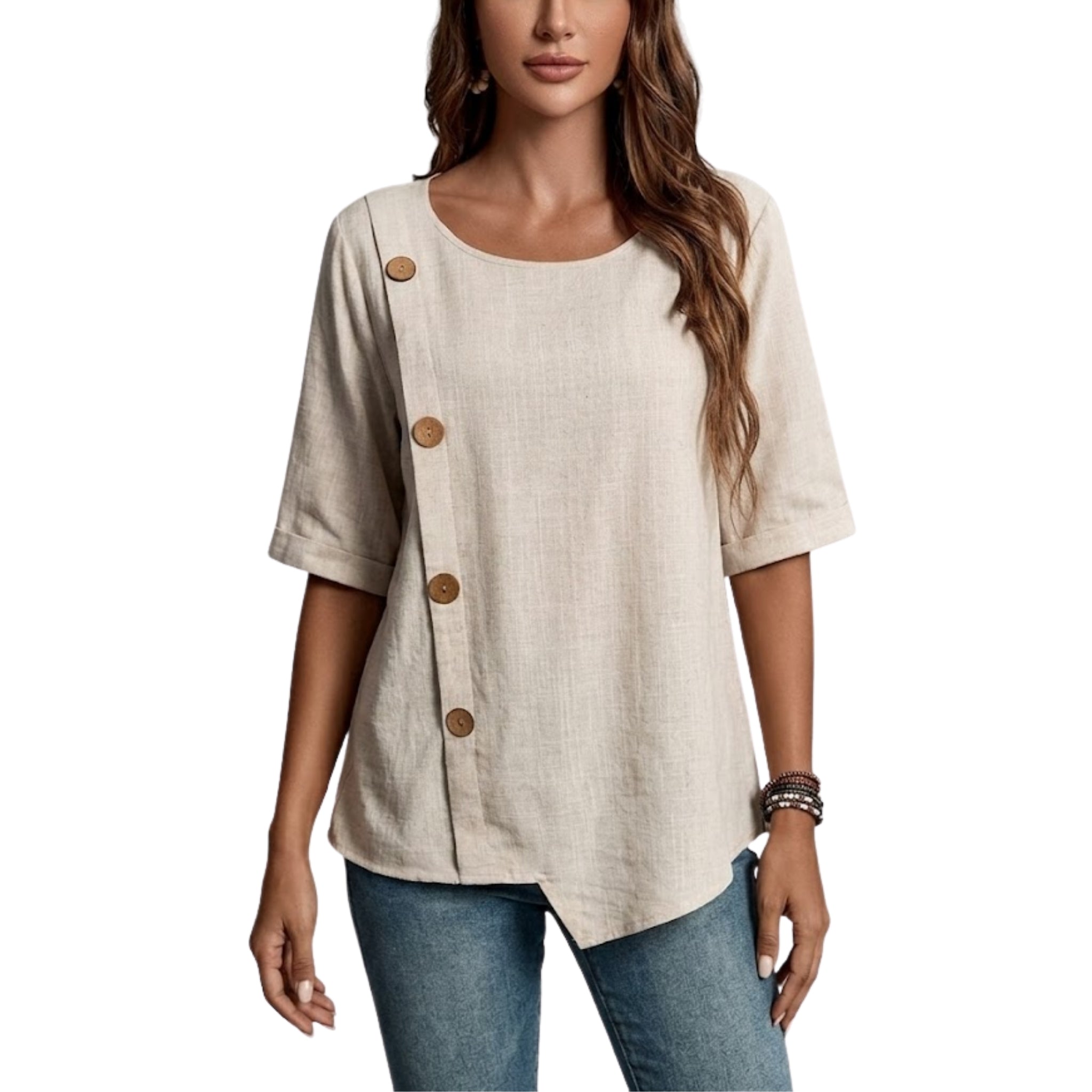Women’s Asymmetric Button-Detail Textured Linen Blouse
