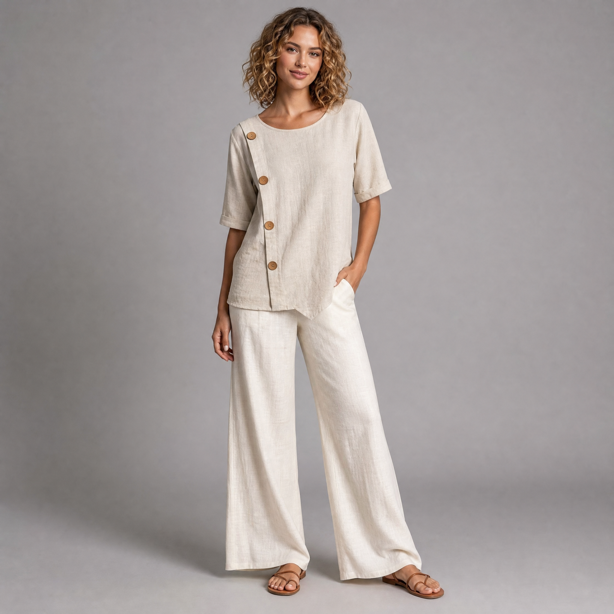 Women’s Asymmetric Button-Detail Textured Linen Blouse