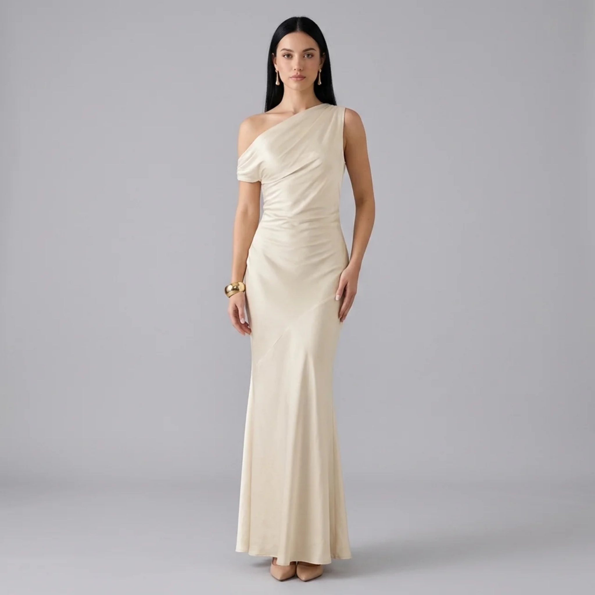 Women’s Asymmetric Satin Draped Maxi Dress