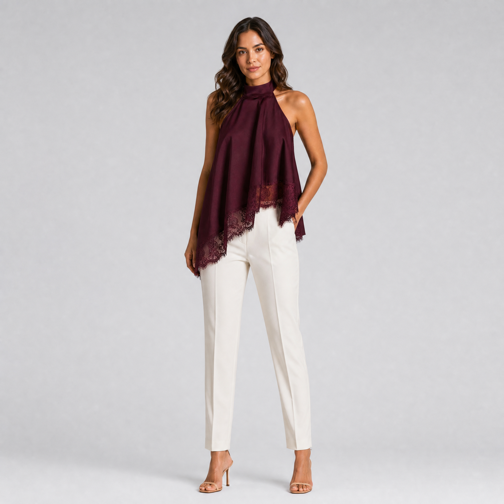 Women's Asymmetric Satin Lace Top – Halter Neck Going Out Blouse
