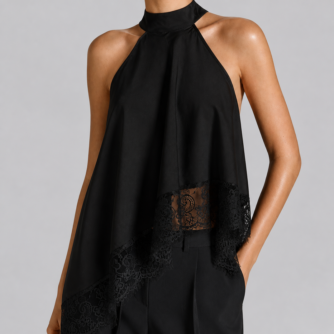 Women's Asymmetric Satin Lace Top – Halter Neck Going Out Blouse