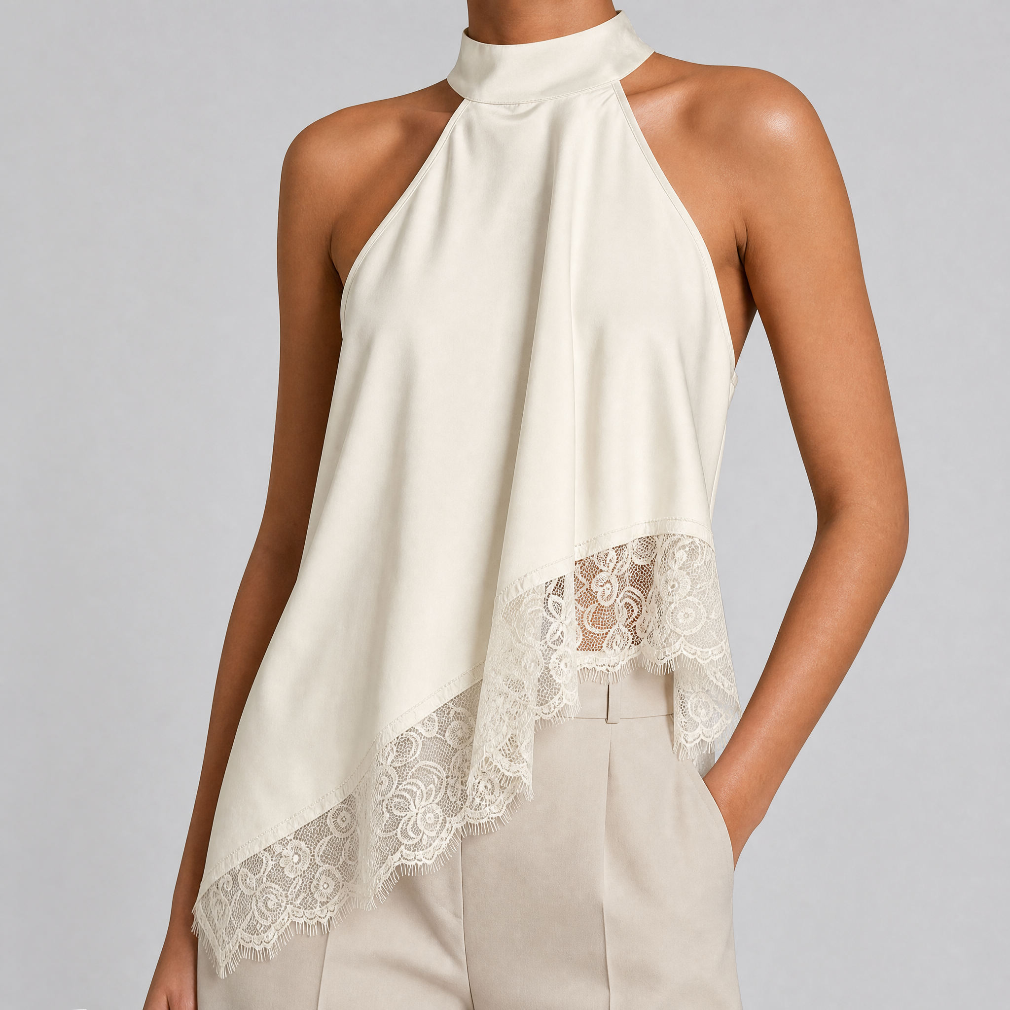 Women's Asymmetric Satin Lace Top – Halter Neck Going Out Blouse