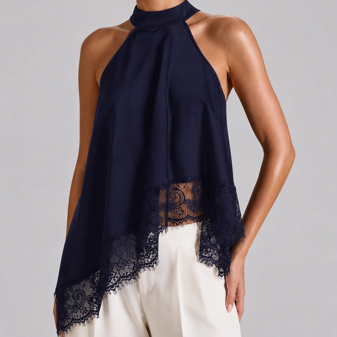 Women's Asymmetric Satin Lace Top – Halter Neck Going Out Blouse