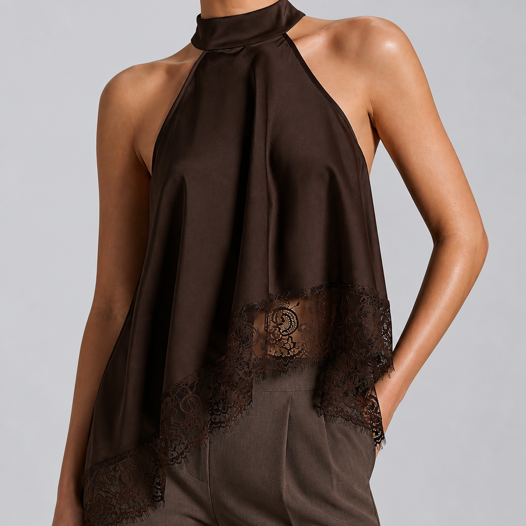 Women's Asymmetric Satin Lace Top – Halter Neck Going Out Blouse