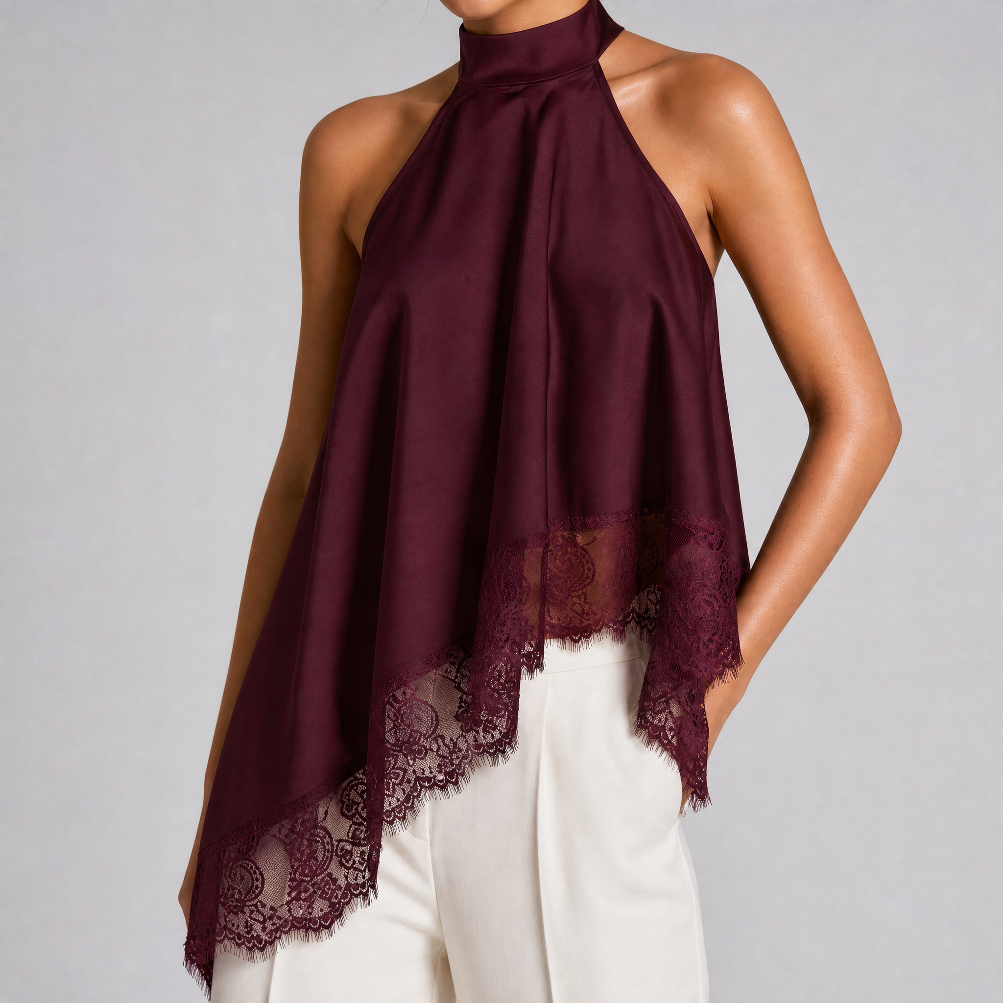 Women's Asymmetric Satin Lace Top – Halter Neck Going Out Blouse