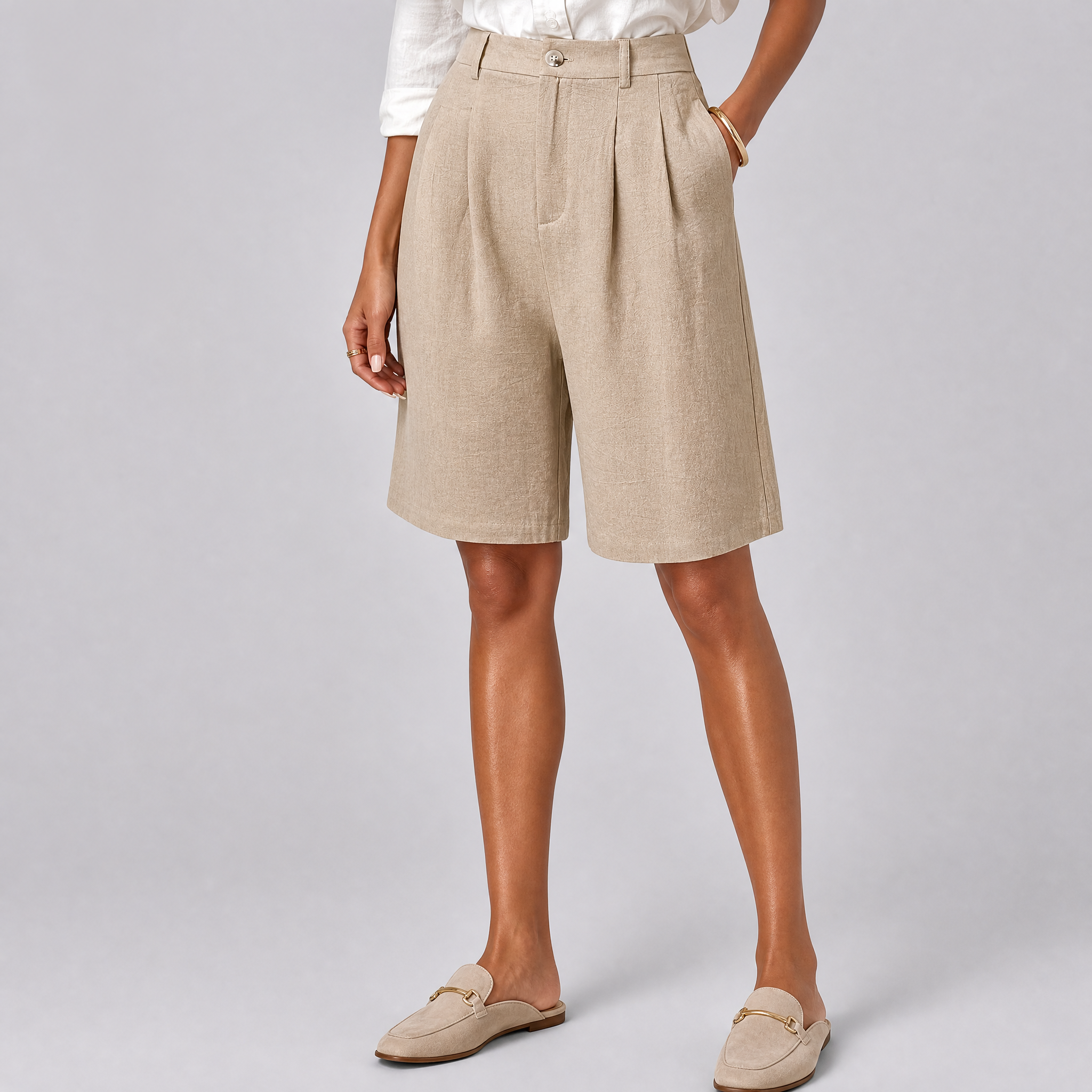Women's Beige Cotton Bermuda Shorts – Tailored Women's Shorts