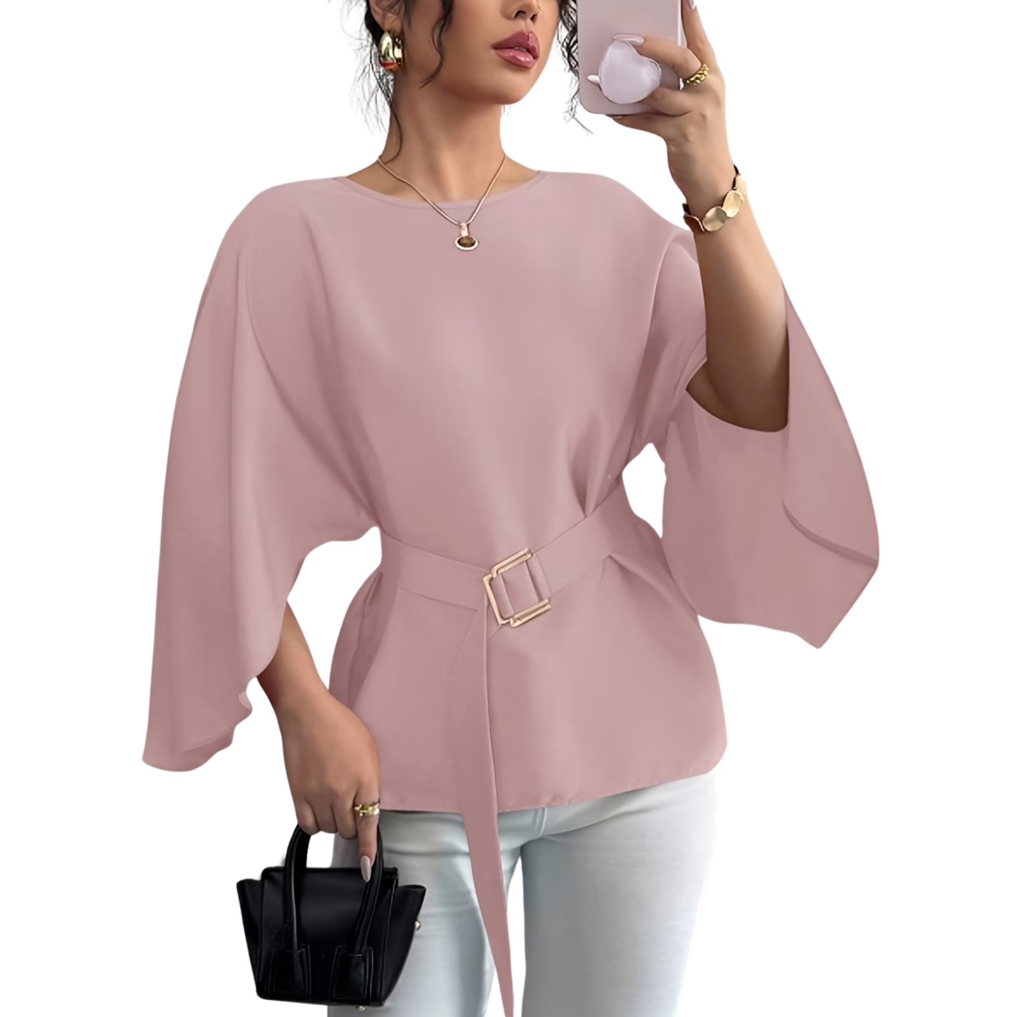 Women’s Belted Blouse with Kimono Sleeves and Buckle Detail