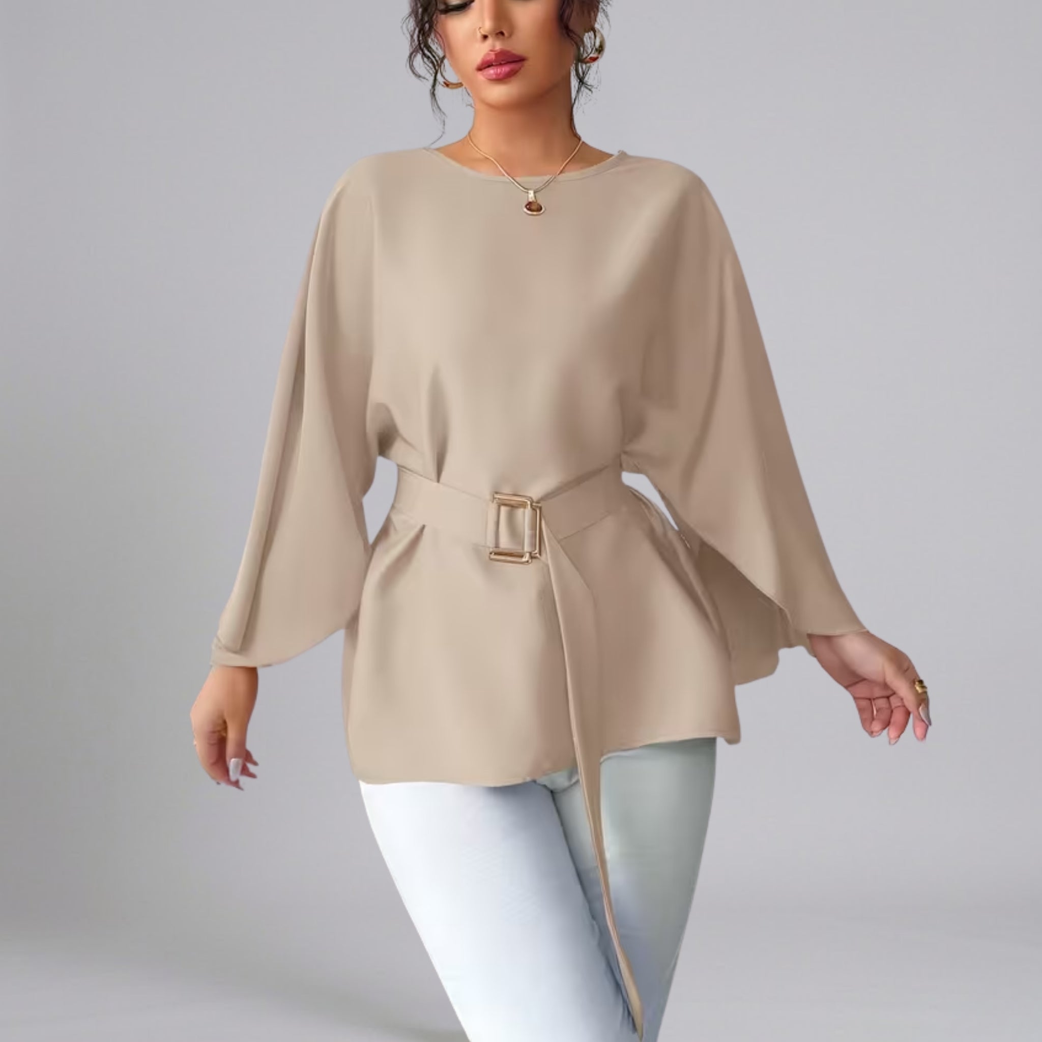 Women’s Belted Blouse with Kimono Sleeves and Buckle Detail