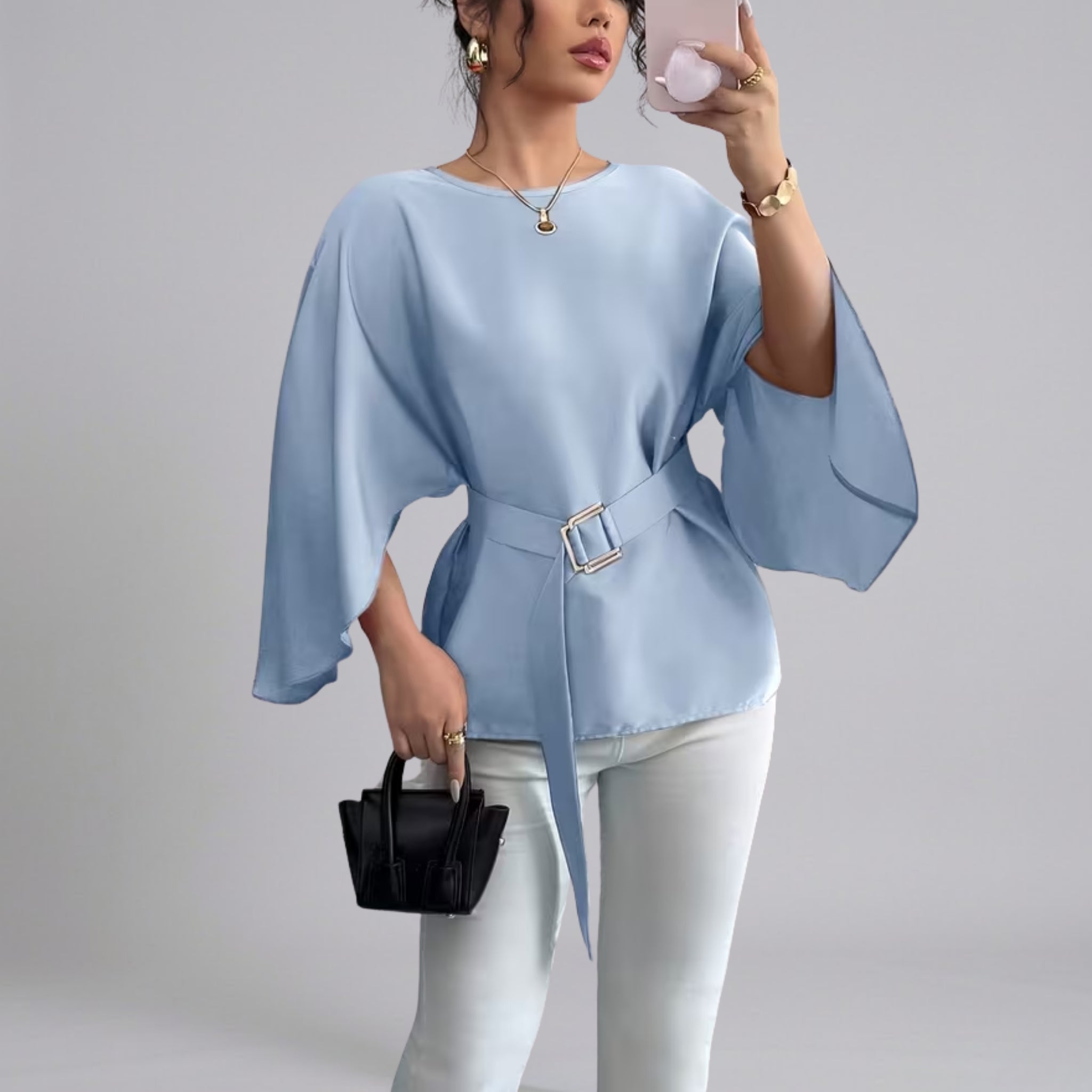 Women’s Belted Blouse with Kimono Sleeves and Buckle Detail