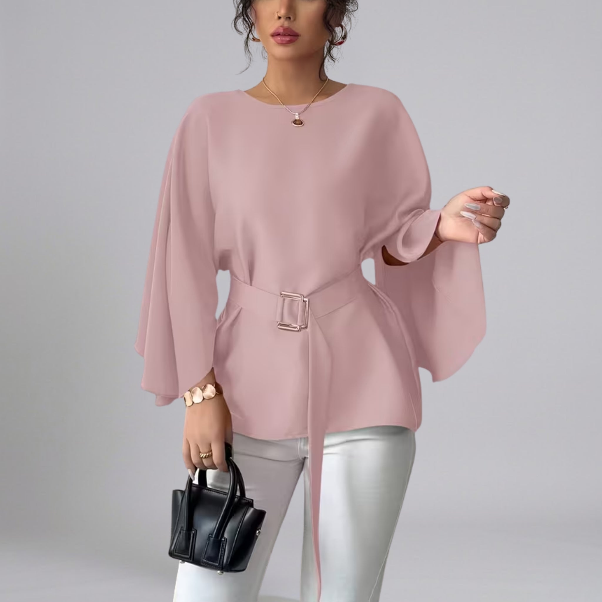 Women’s Belted Blouse with Kimono Sleeves and Buckle Detail