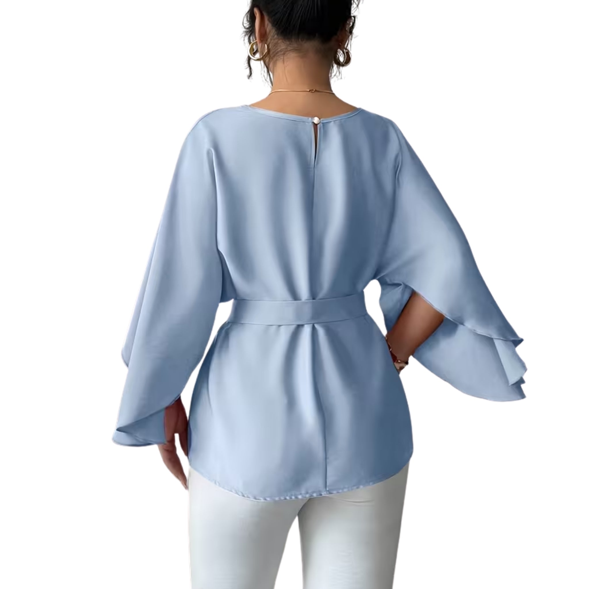 Women’s Belted Blouse with Kimono Sleeves and Buckle Detail