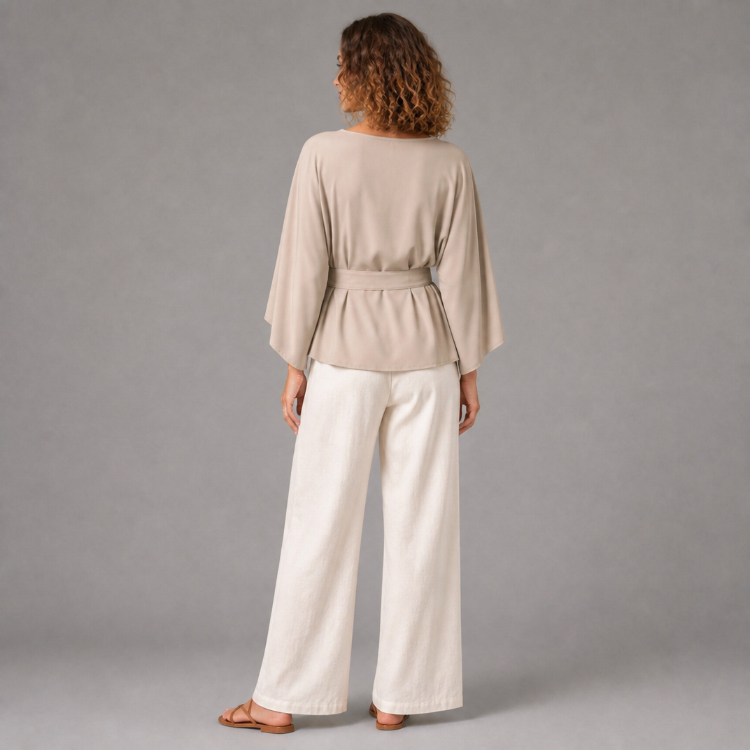 Women’s Belted Blouse with Kimono Sleeves and Buckle Detail