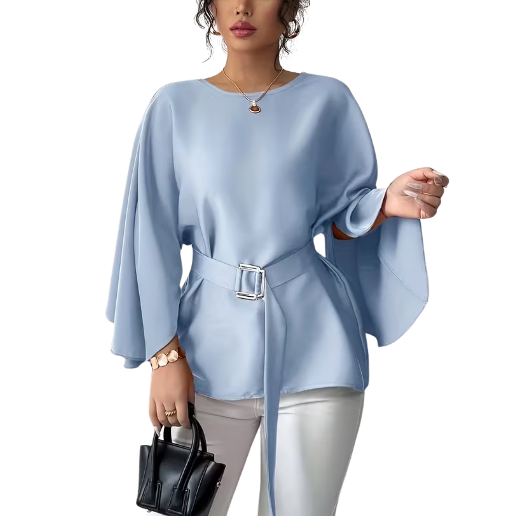 Women’s Belted Blouse with Kimono Sleeves and Buckle Detail