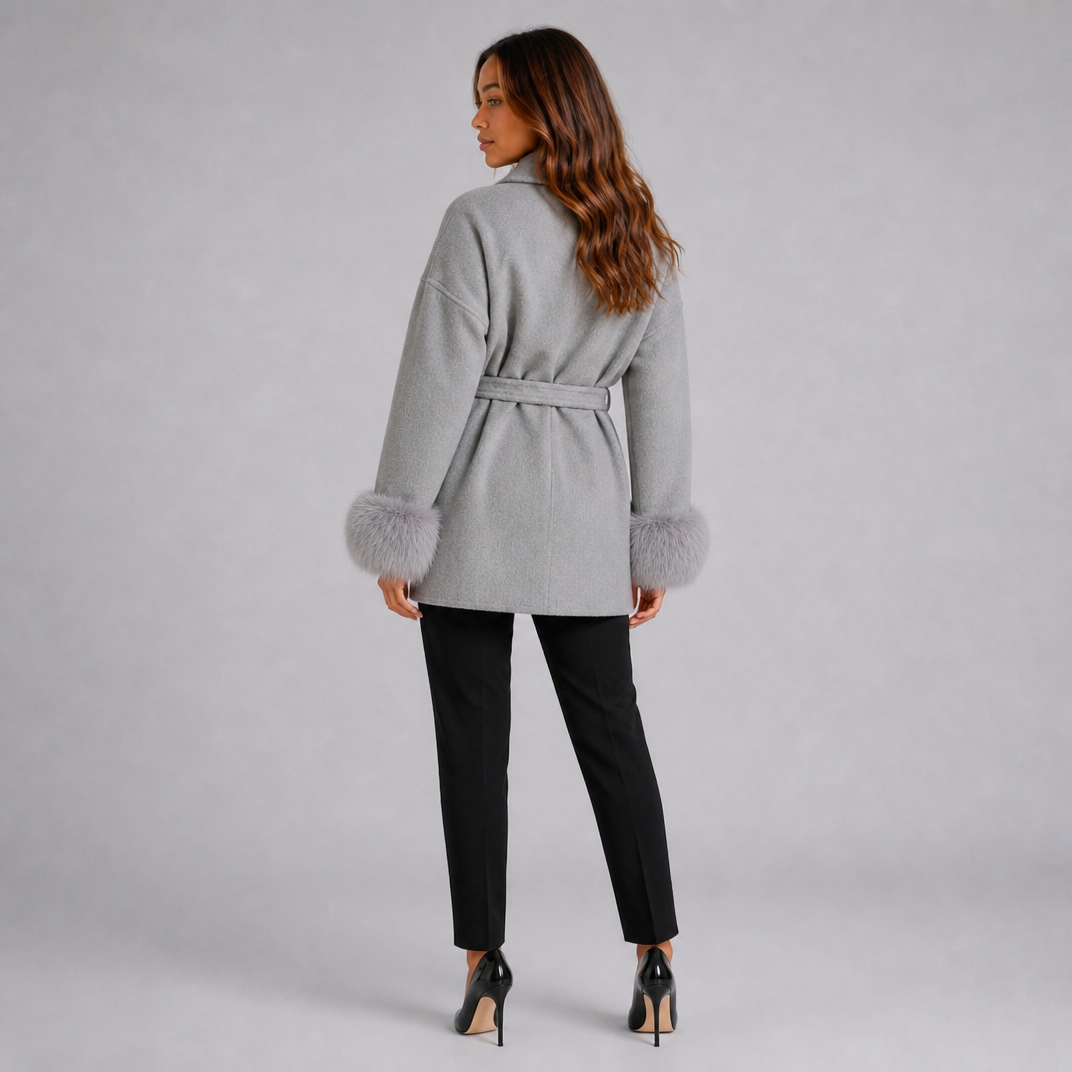 Women's Belted Wool-Blend Wrap Jacket – Faux Fur Trim Coat