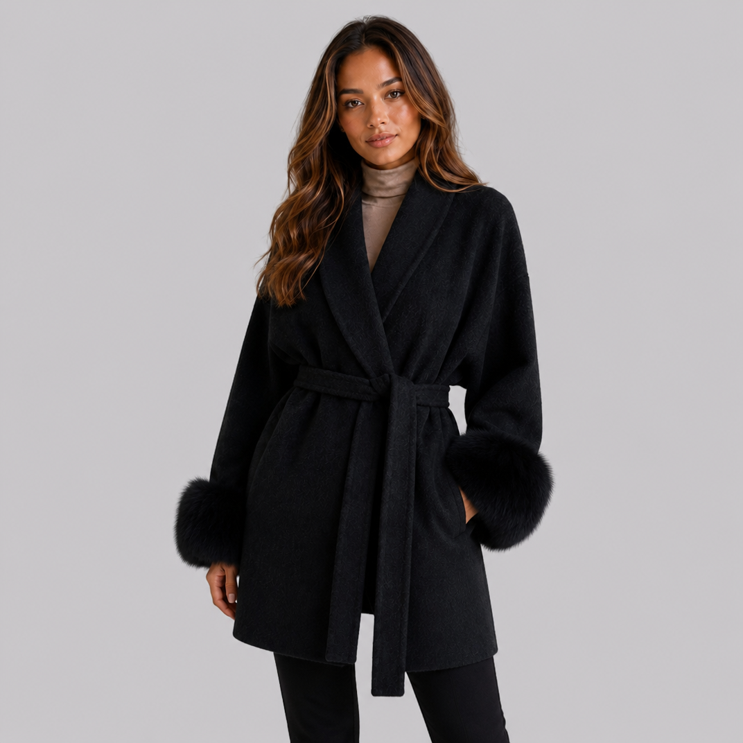 Women's Belted Wool-Blend Wrap Jacket – Faux Fur Trim Coat