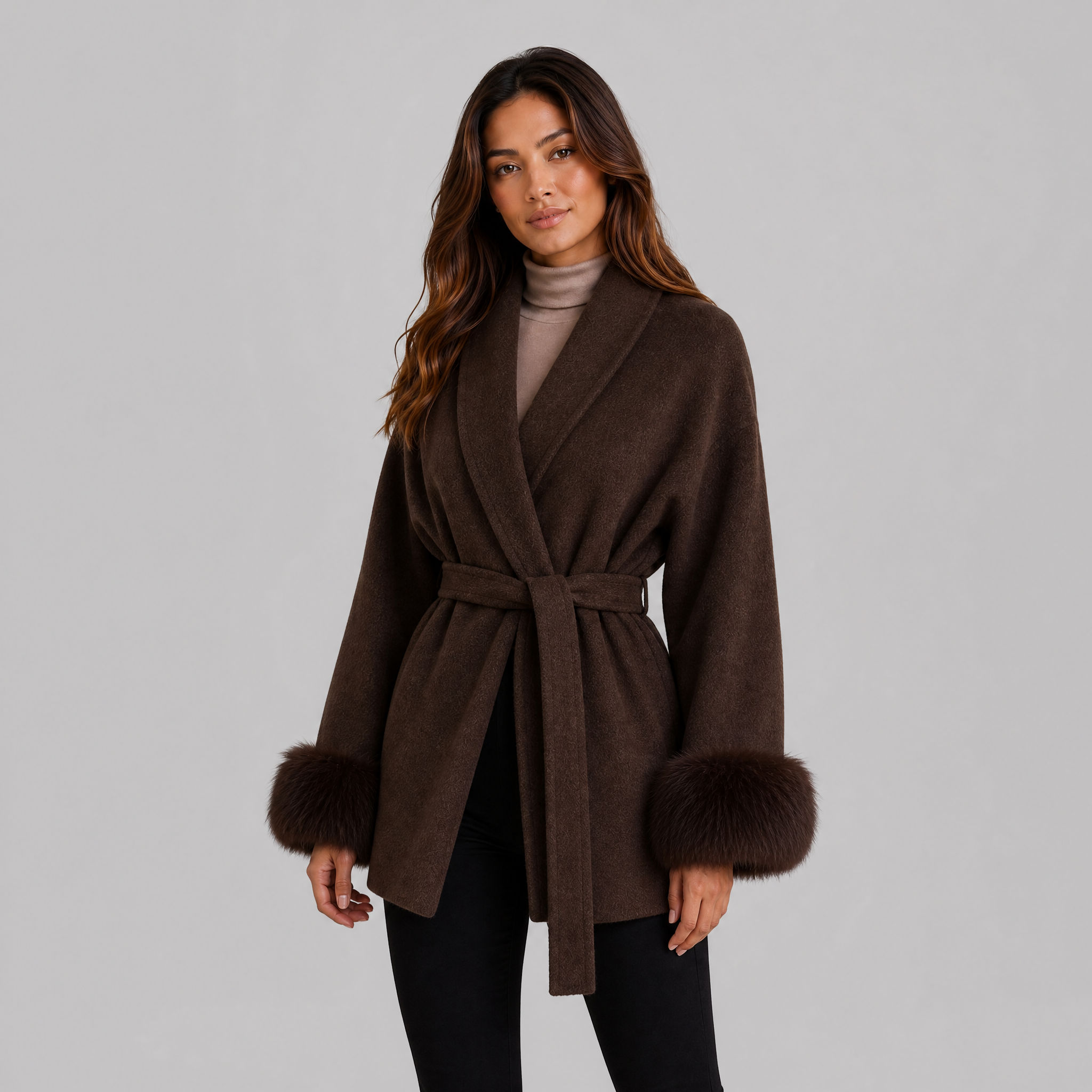 Women's Belted Wool-Blend Wrap Jacket – Faux Fur Trim Coat