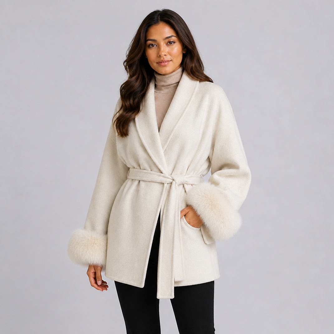 Women's Belted Wool-Blend Wrap Jacket – Faux Fur Trim Coat