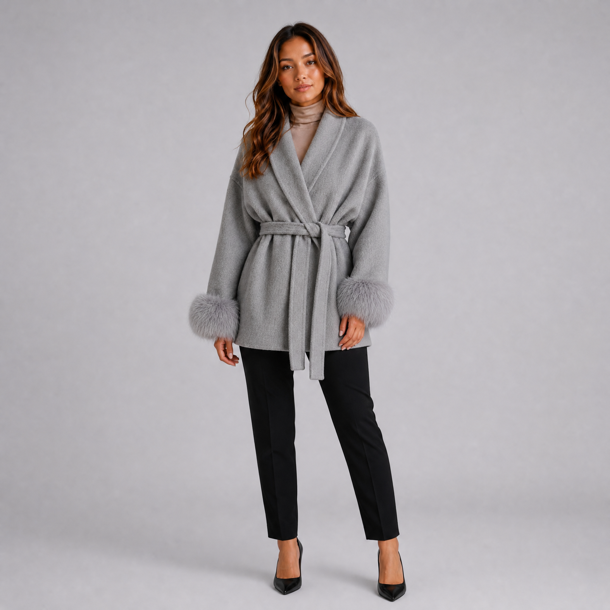 Women's Belted Wool-Blend Wrap Jacket – Faux Fur Trim Coat
