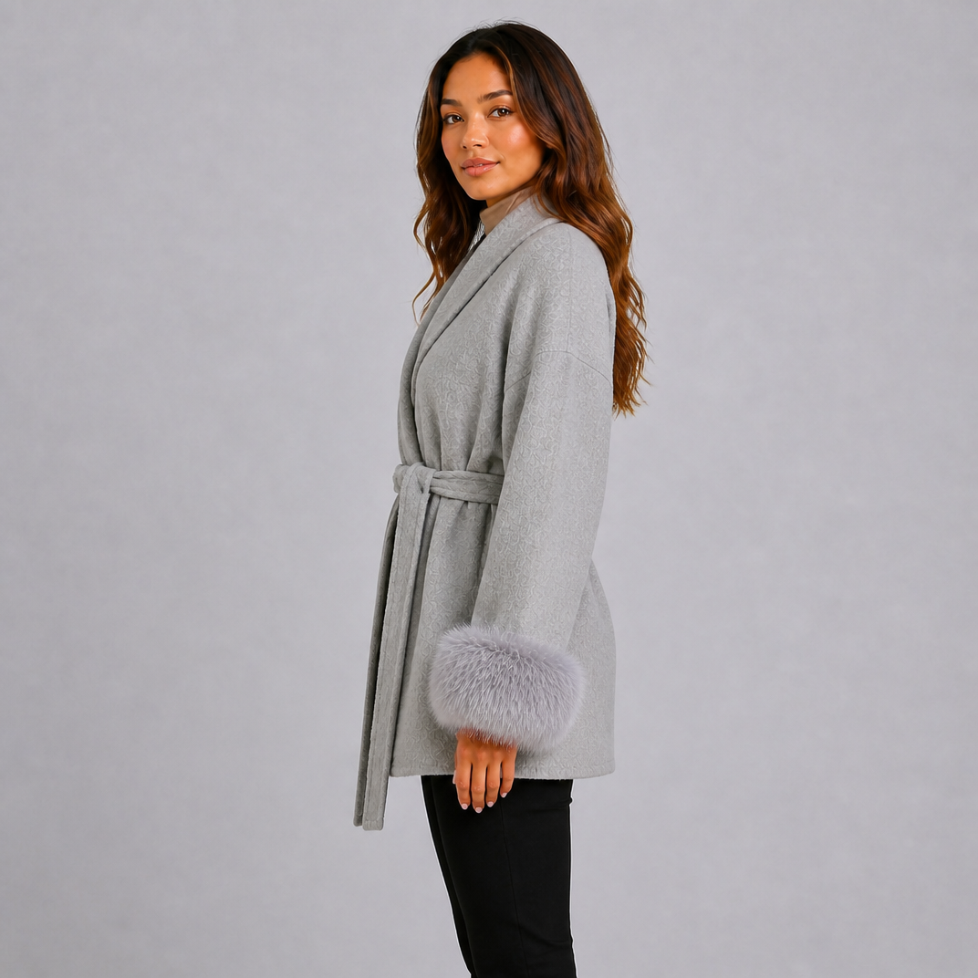 Women's Belted Wool-Blend Wrap Jacket – Faux Fur Trim Coat