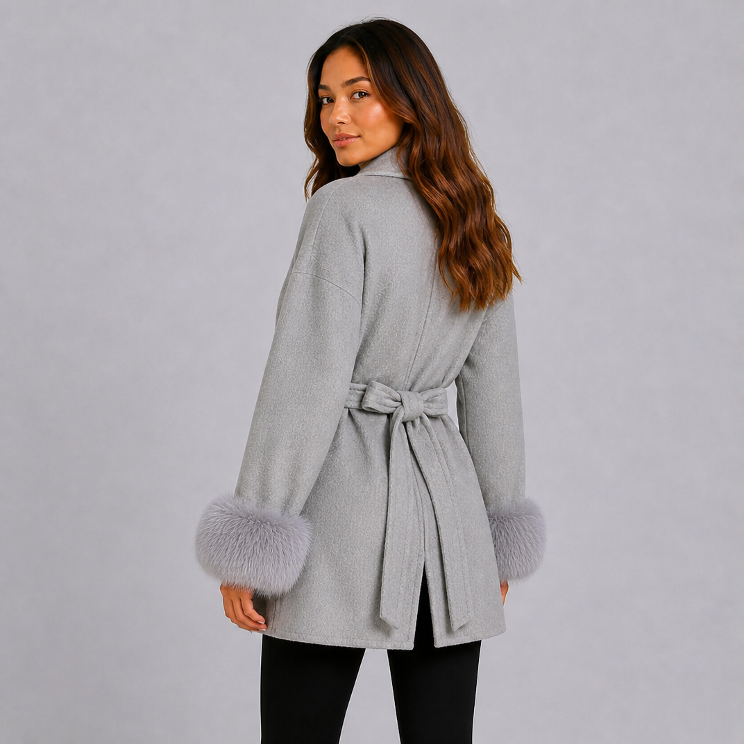 Women's Belted Wool-Blend Wrap Jacket – Faux Fur Trim Coat