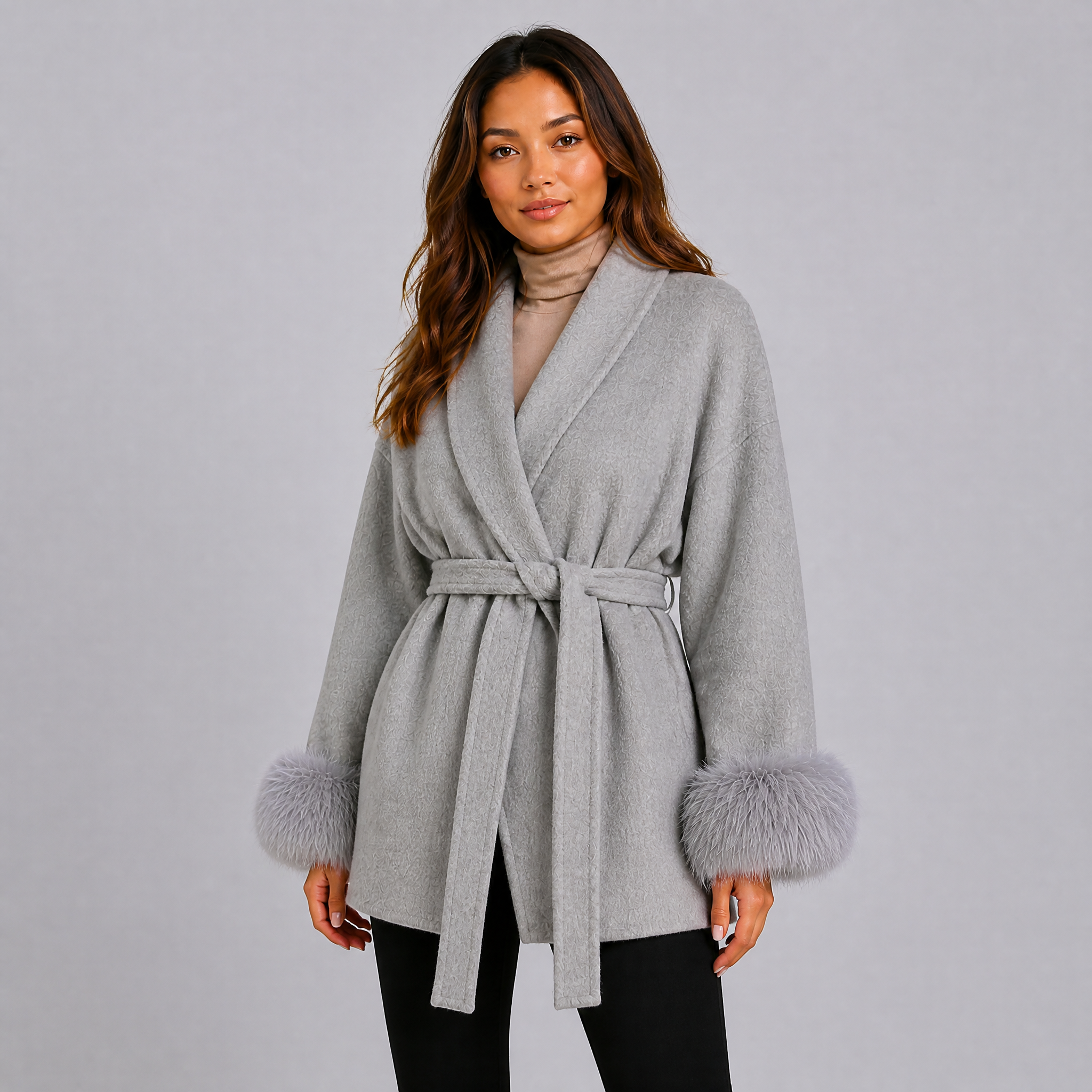 Women's Belted Wool-Blend Wrap Jacket – Faux Fur Trim Coat