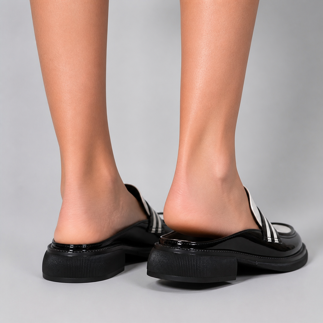 Women’s Black and White Patent Leather Backless Loafers