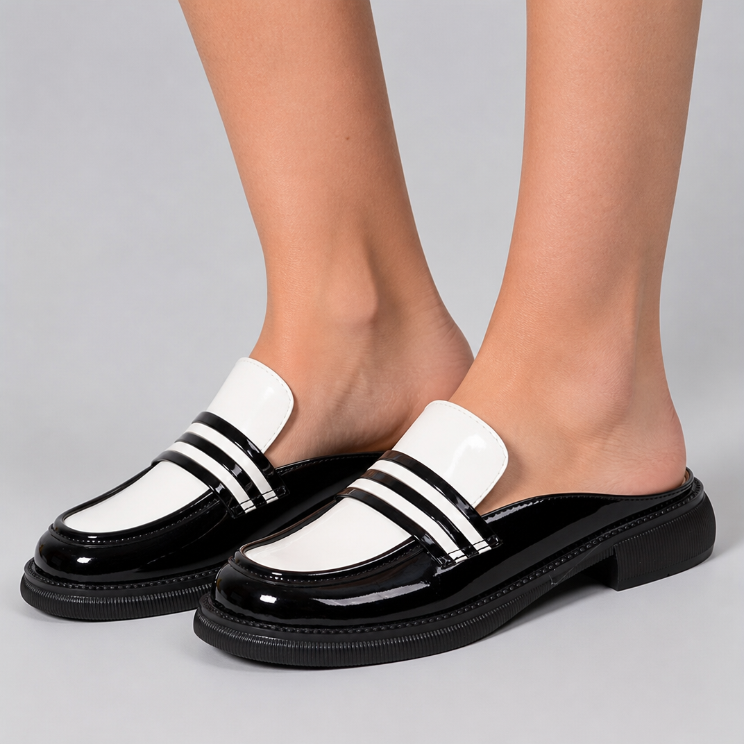 Women’s Black and White Patent Leather Backless Loafers