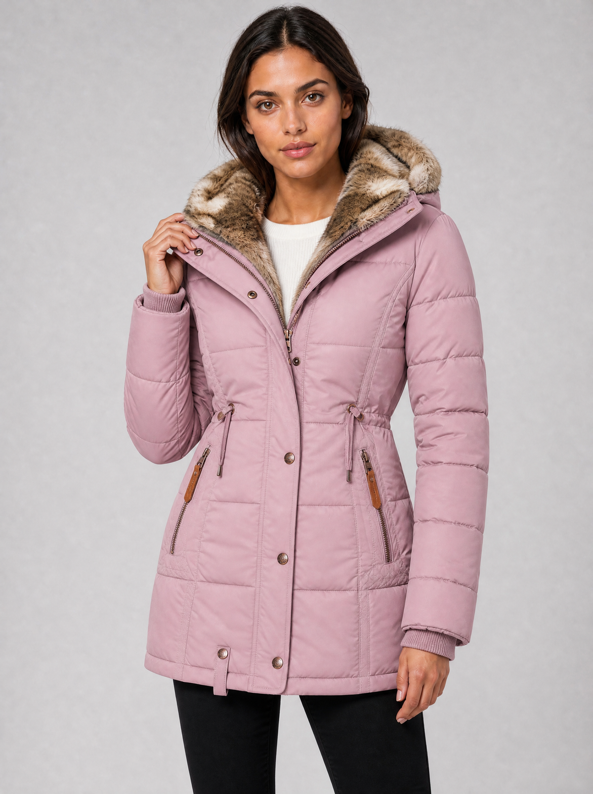 Women's Faux Fur Hooded Quilted Parka Coat Fitted - product view 9
