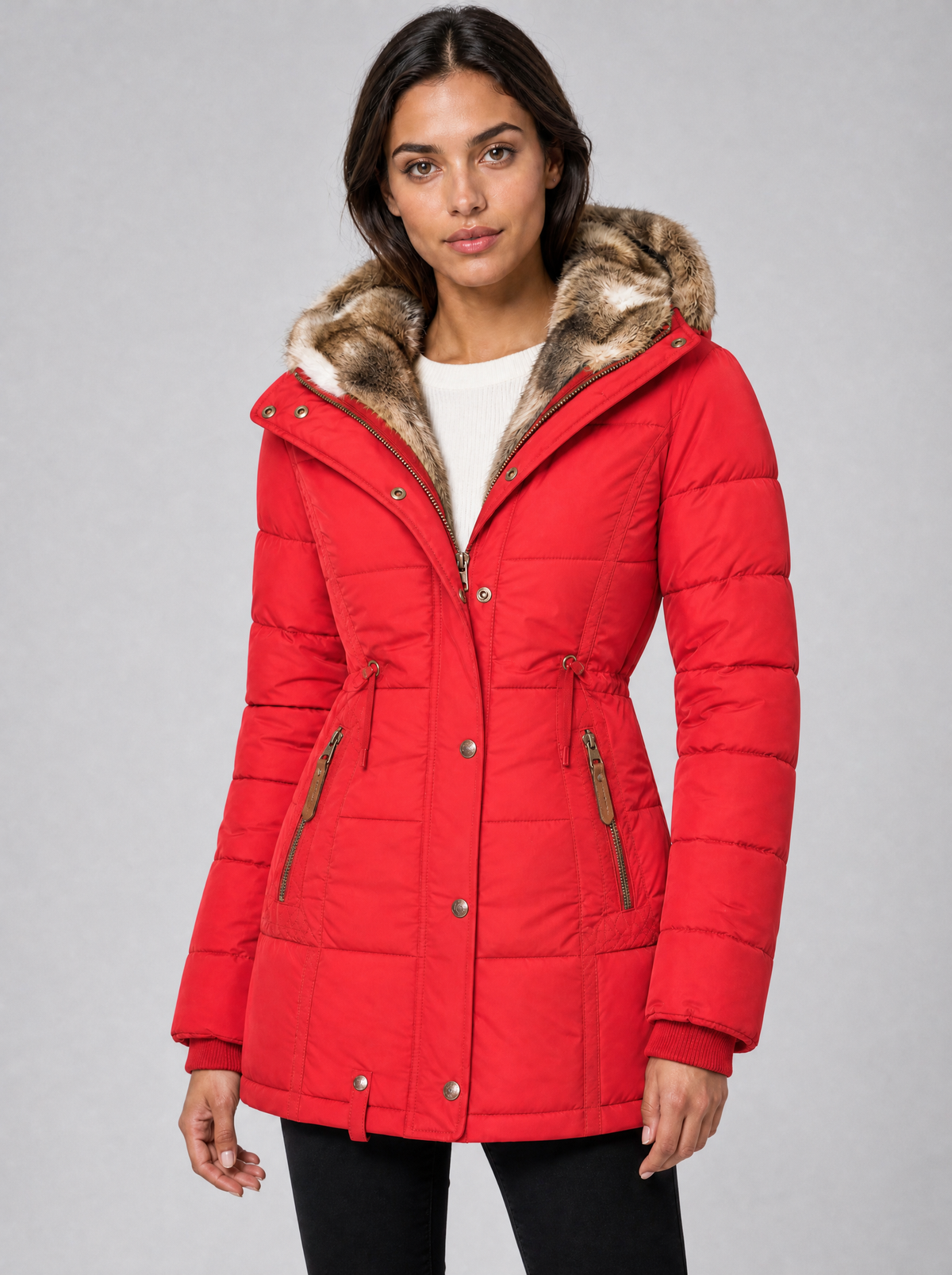 Women's Faux Fur Hooded Quilted Parka Coat Fitted - product view 6