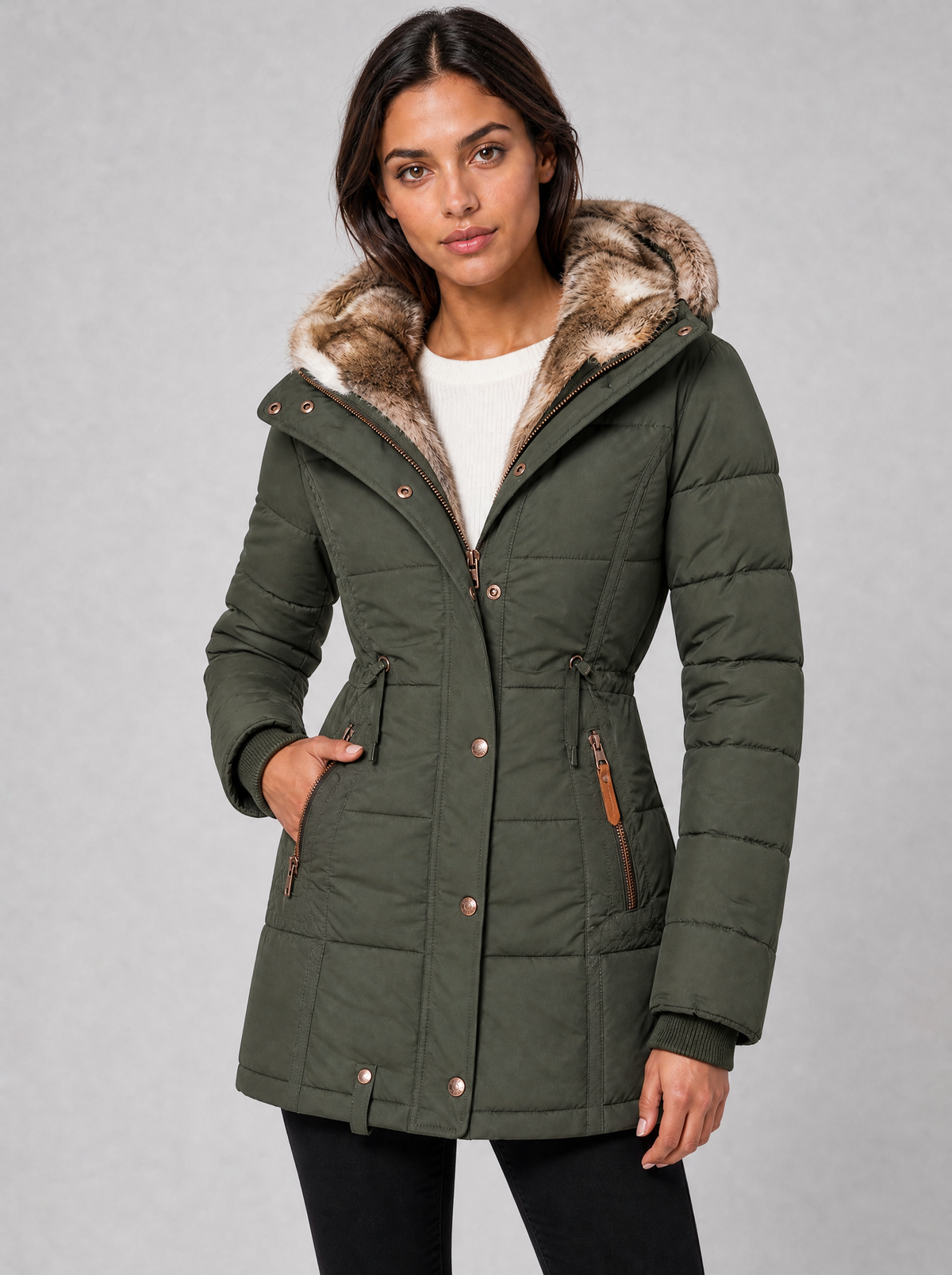 Women's Faux Fur Hooded Quilted Parka Coat Fitted - product view 8