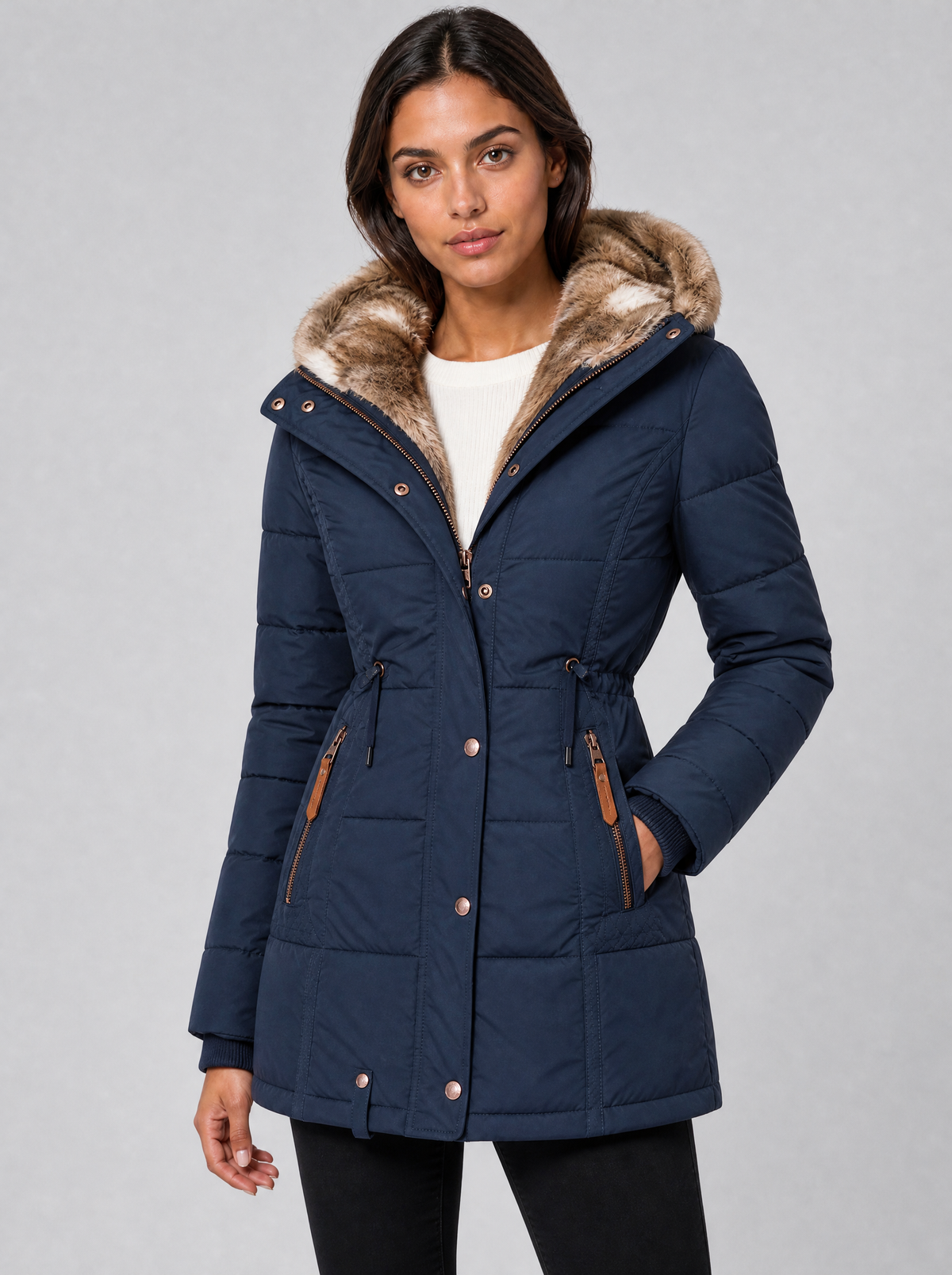Women's Faux Fur Hooded Quilted Parka Coat Fitted - product view 7