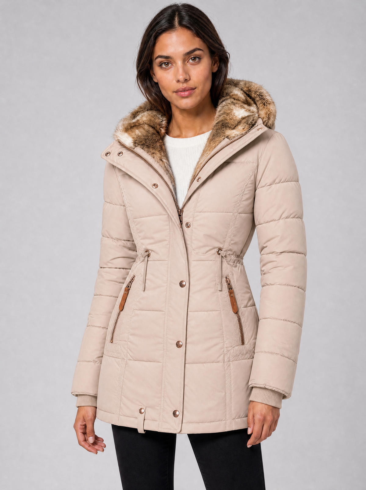 Women's Faux Fur Hooded Quilted Parka Coat Fitted - product view 5