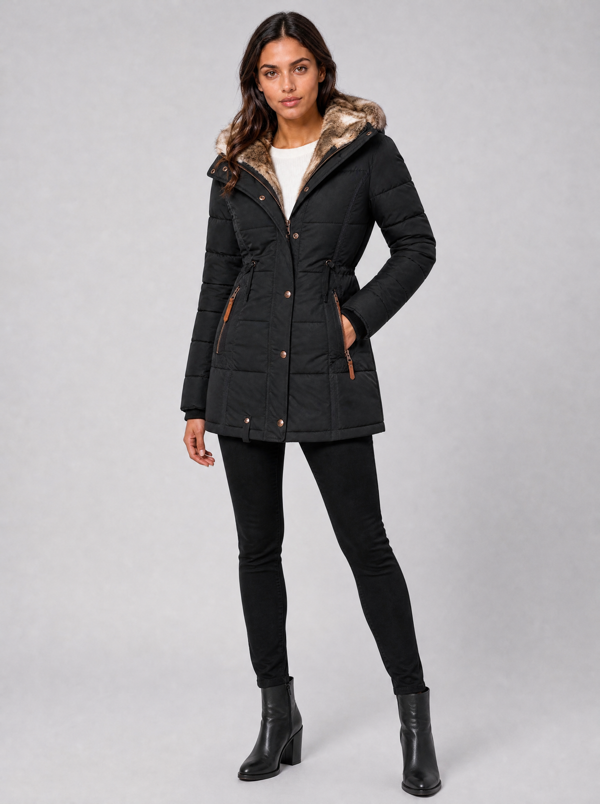 Women's Faux Fur Hooded Quilted Parka Coat Fitted - product view 1