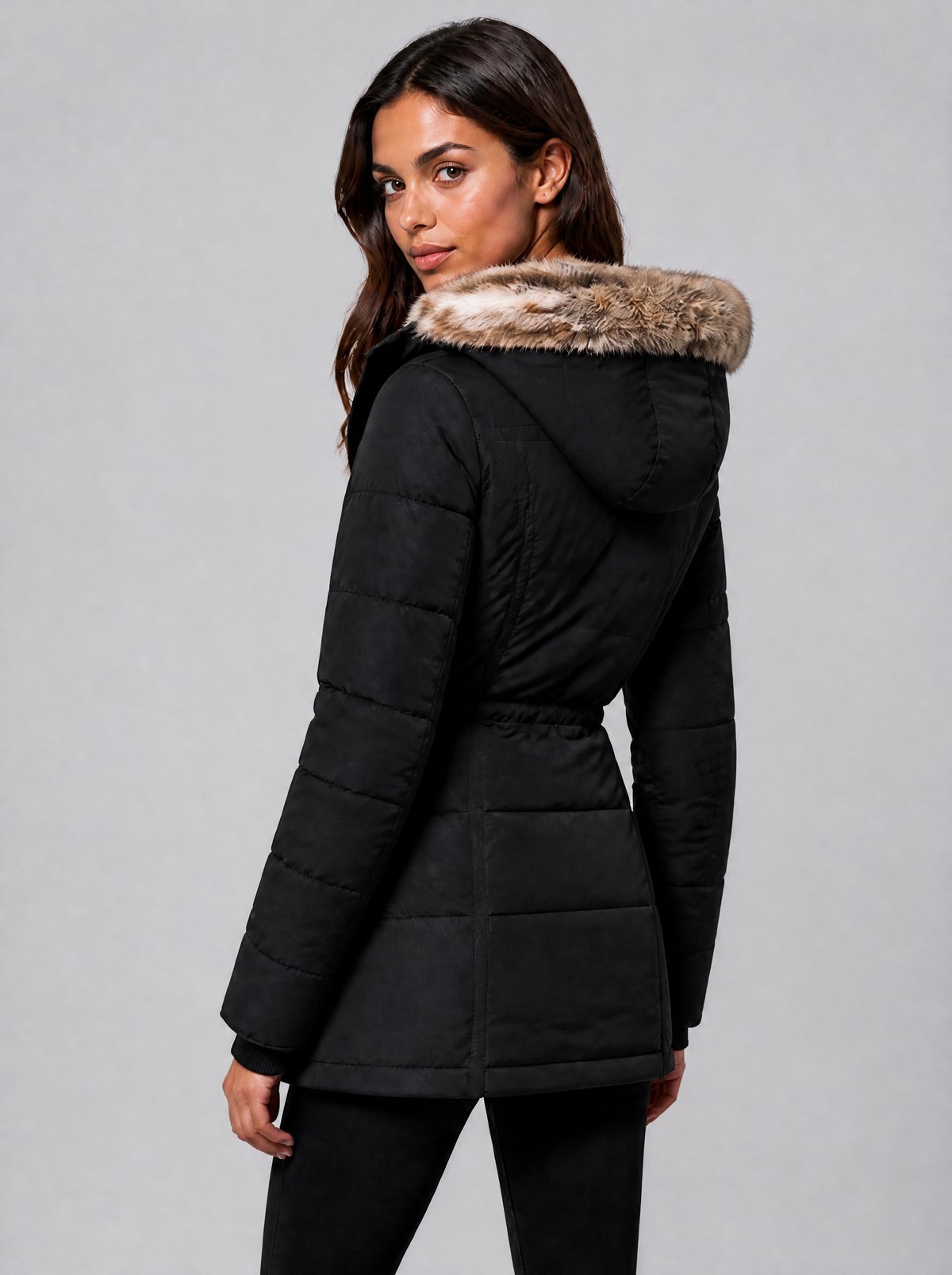Women's Faux Fur Hooded Quilted Parka Coat Fitted - product view 4