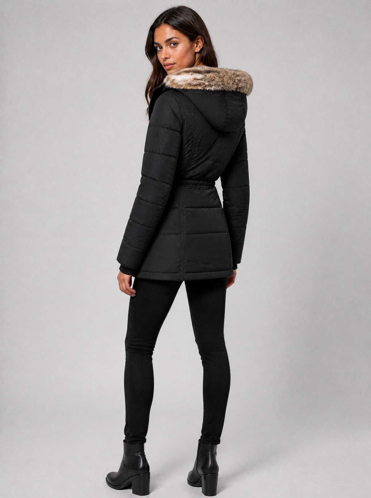Women's Faux Fur Hooded Quilted Parka Coat Fitted - product view 2