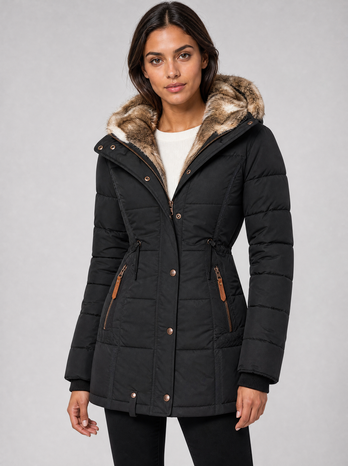 Women's Faux Fur Hooded Quilted Parka Coat Fitted - product view 3