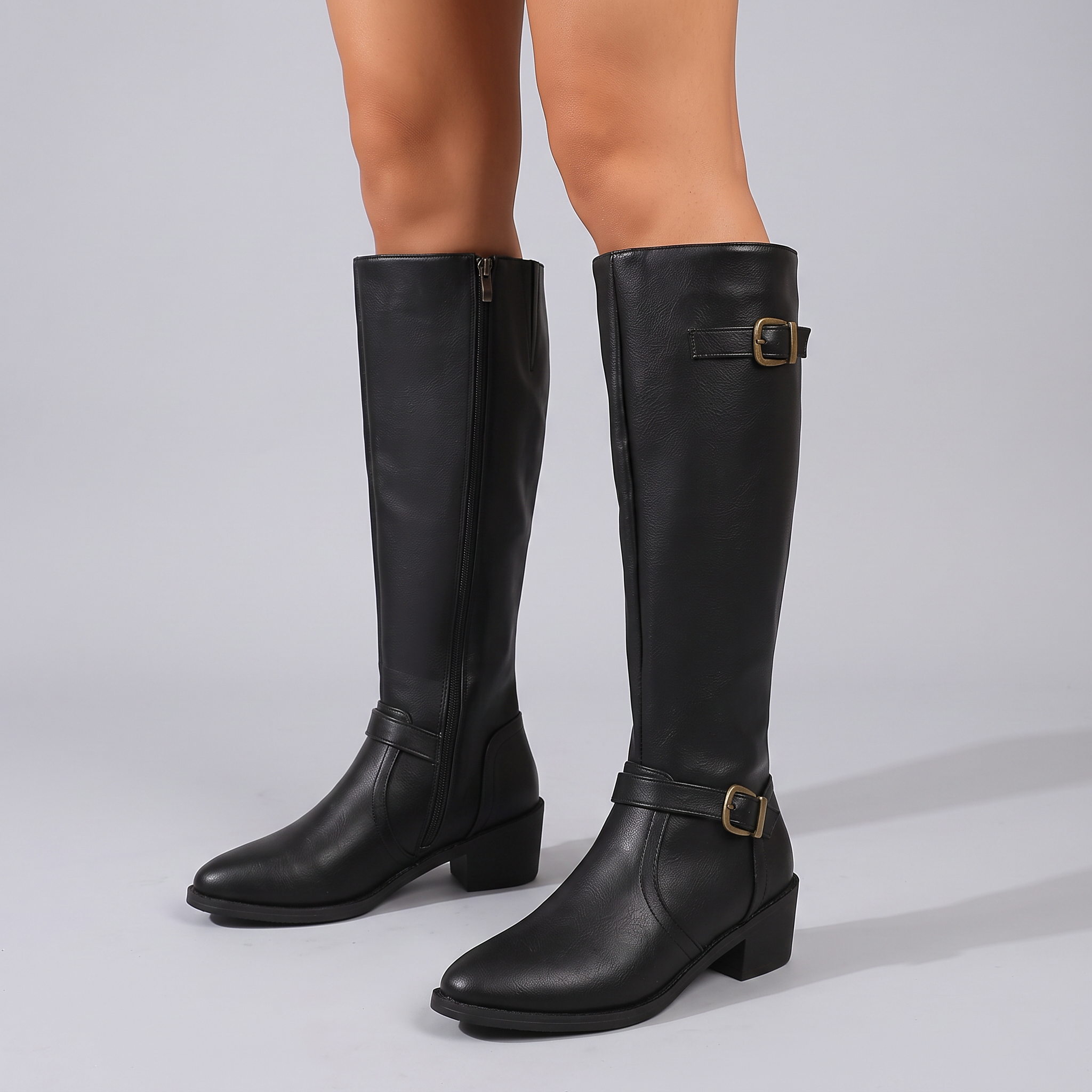 Women's Black Knee High Boots – Equestrian Buckle Riding Boots