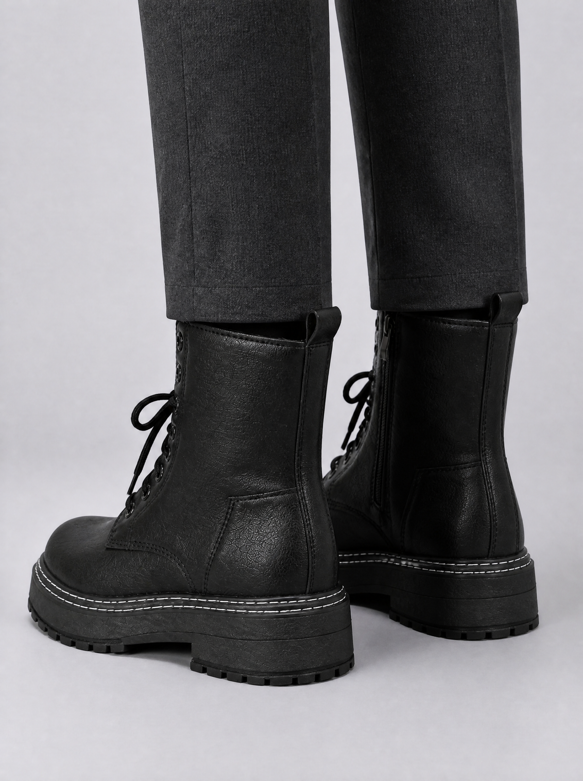 Women's Black Faux Leather Lace Up Side Zip Lug Sole Ankle Boots - product view 4